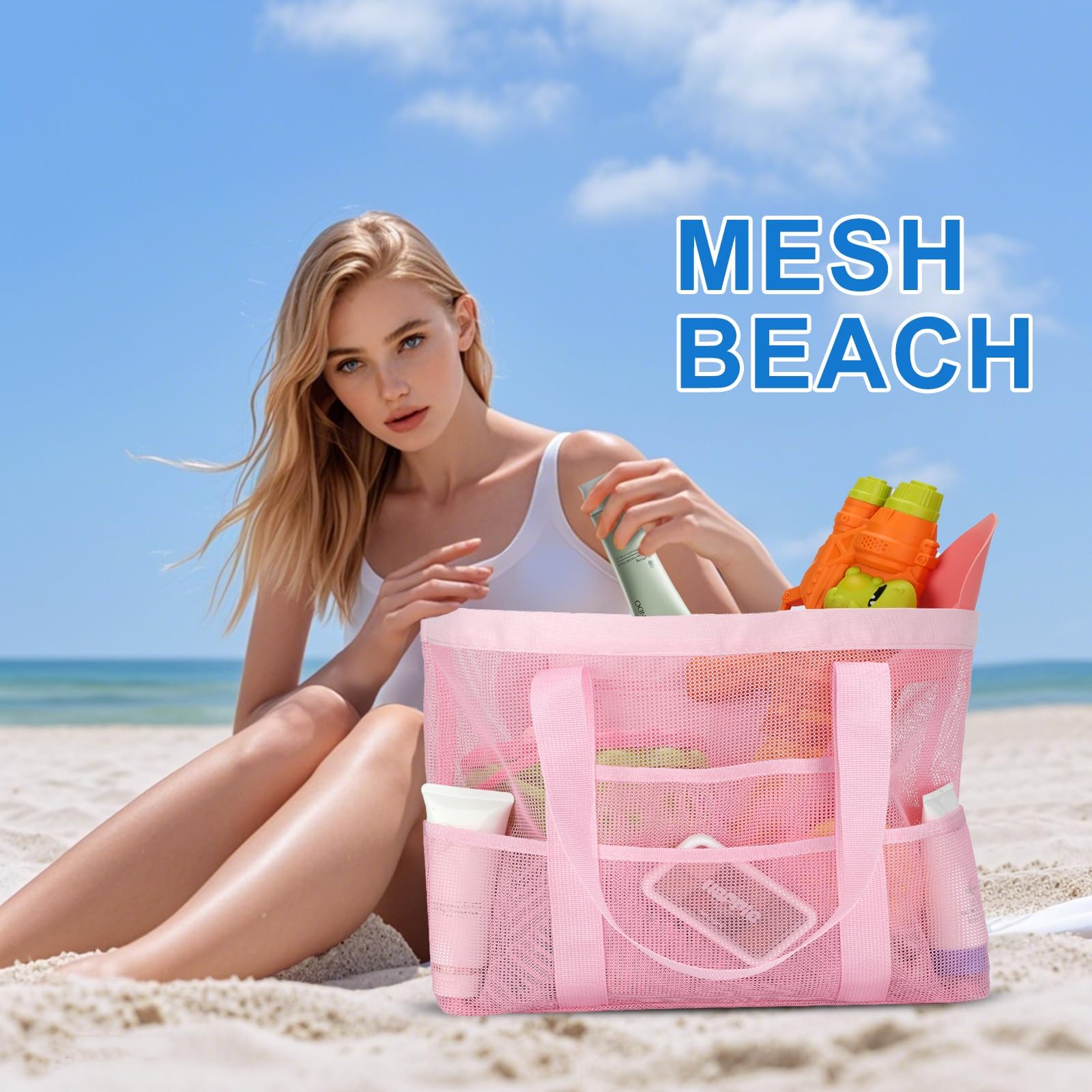 Waterproof Mesh Beach Tote Bag for Women & Family - Large 9-Pocket Organizer for Swimwear, Towels & Essentials | Perfect for Pool, Vacation & Summer Travel