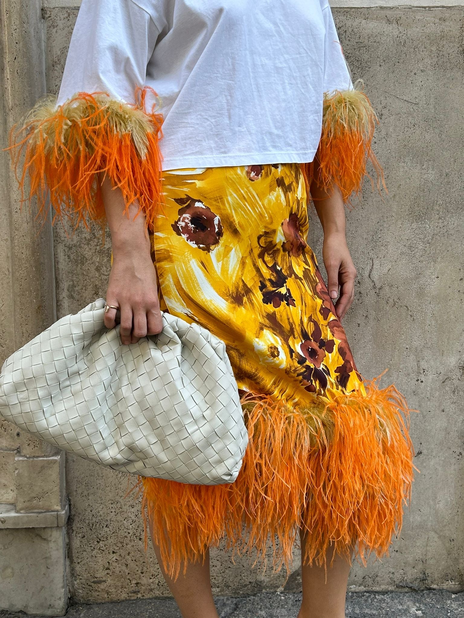 Prada Completo Skirt and T-Shirt with Feathers - Elegant Women's Fashion for Parties & Special Occasions
