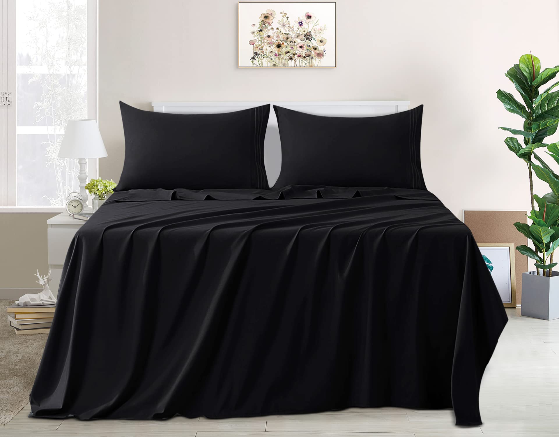 Super Soft 100% Microfiber Queen Size Bed Sheet Set - 1800 Brushed Microfiber with Embroidered Design, 16-Inch Deep Pocket, 4-Piece (Black) - Perfect for Cozy Bedrooms, Guest Rooms & Dorm Comfort