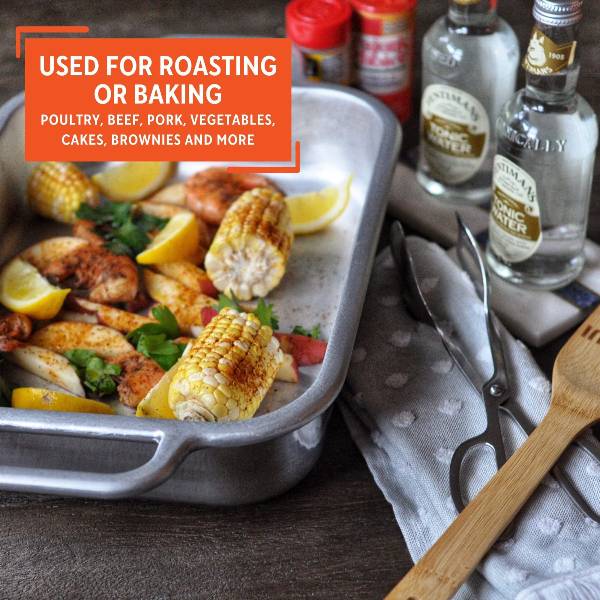 IMUSA 13.5x10 Inch Heavy Duty Cajun Cast Aluminum Roaster & Baking Pan - Perfect for Oven Roasting, Grilling, and Cajun Style Cooking