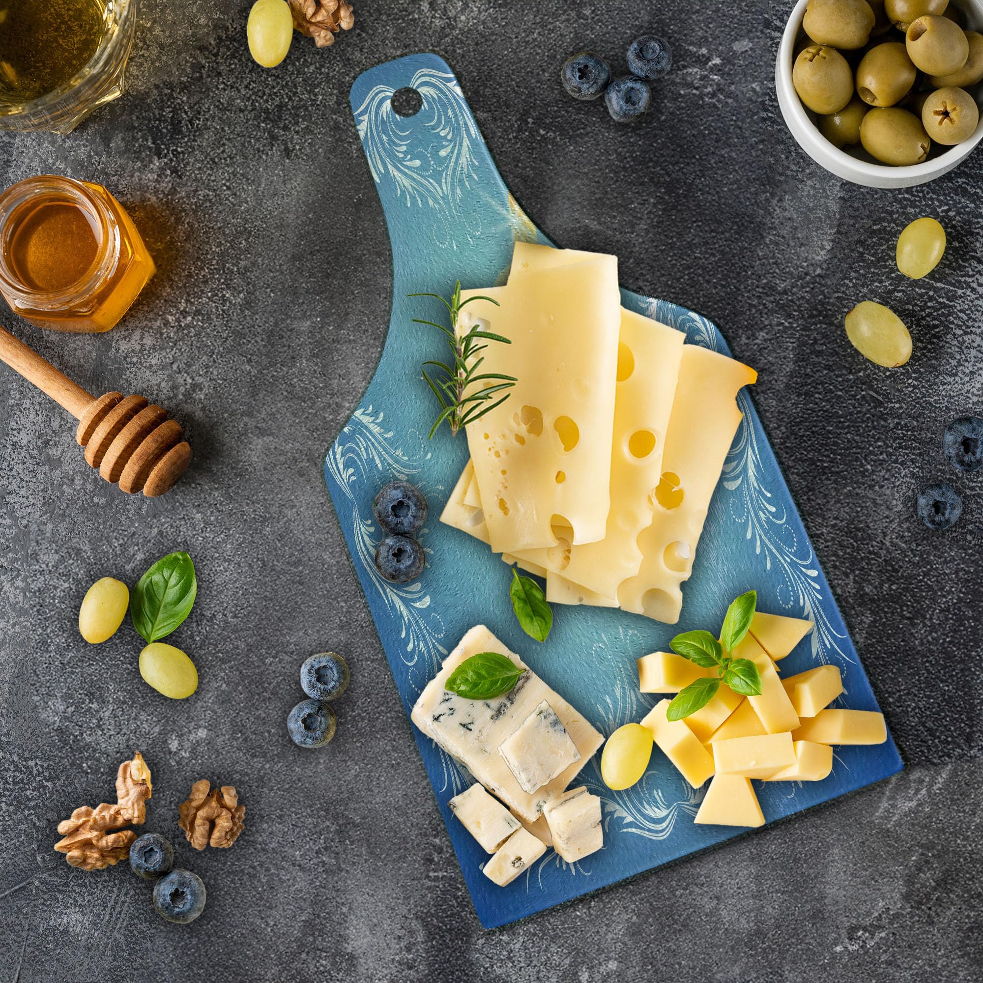 Ambesonne Wedding Cutting Board - Heart Shaped with Flying Doves & Wedding Rings - Tempered Glass Serving Tray for Wine Bottles - Blue White & Caramel - Perfect for Anniversary Gifts, Bridal Showers & Romantic Dinner Serving