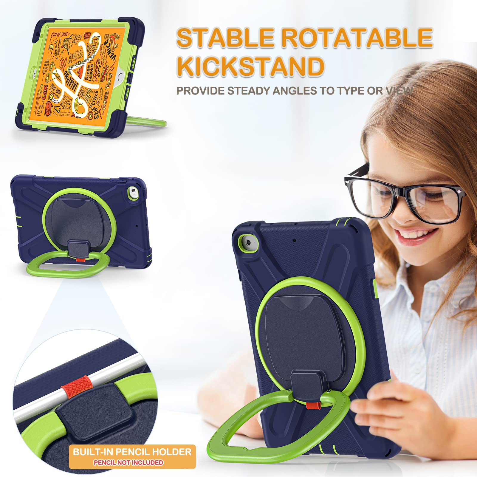 **BRAECN Shockproof Kids iPad Mini 5 Case - Full Body Silicone Cover with Pencil Holder, Hand Grip & Kickstand | Compatible with iPad Mini 5/4 (2019/2015) 7.9 Inch | Navy & Green | Perfect for School, Travel & Outdoor Play**