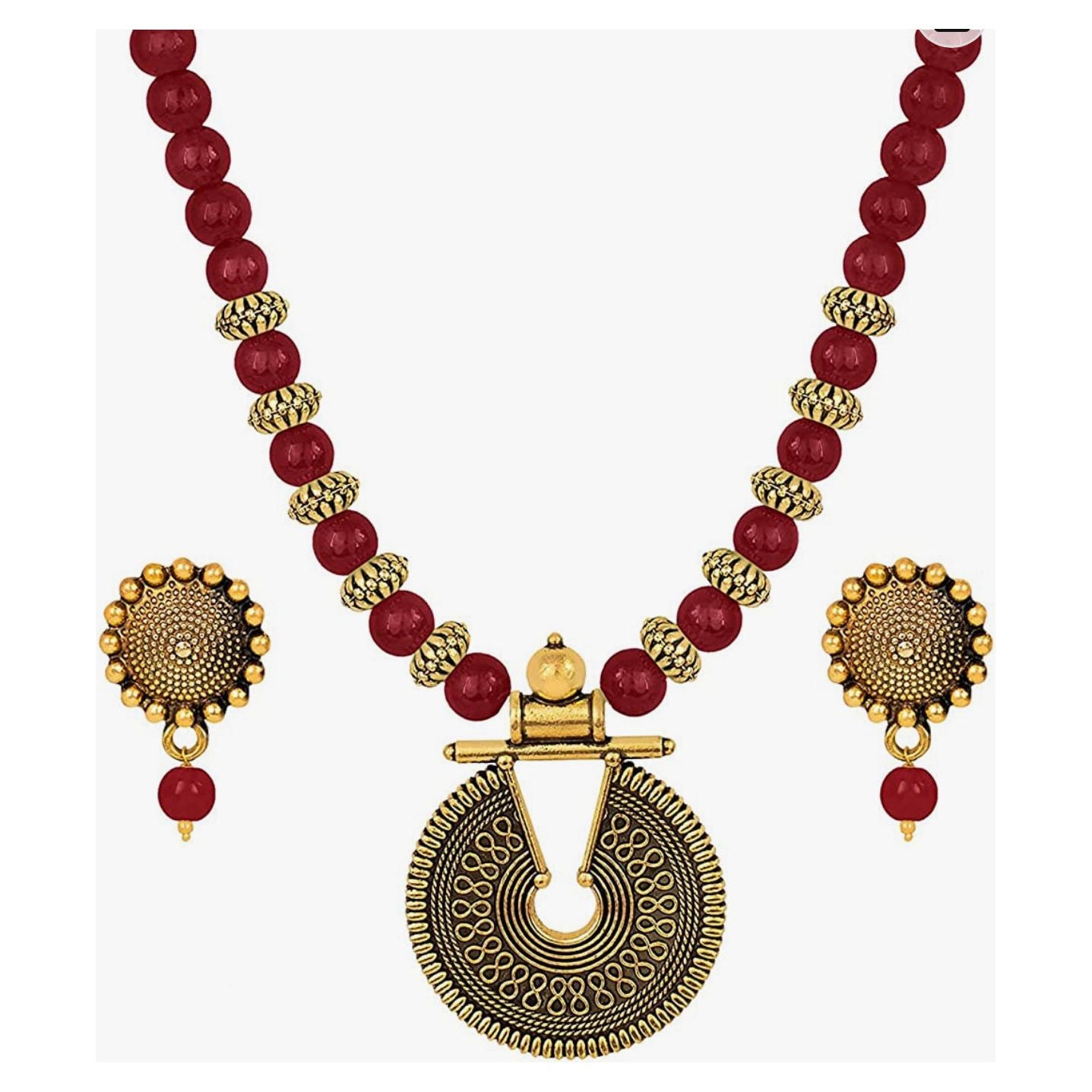 Elegant Gold Plated Beaded Necklace Set with Adjustable Thread Closure & Matching Earrings | Perfect for Weddings, Parties & Special Occasions