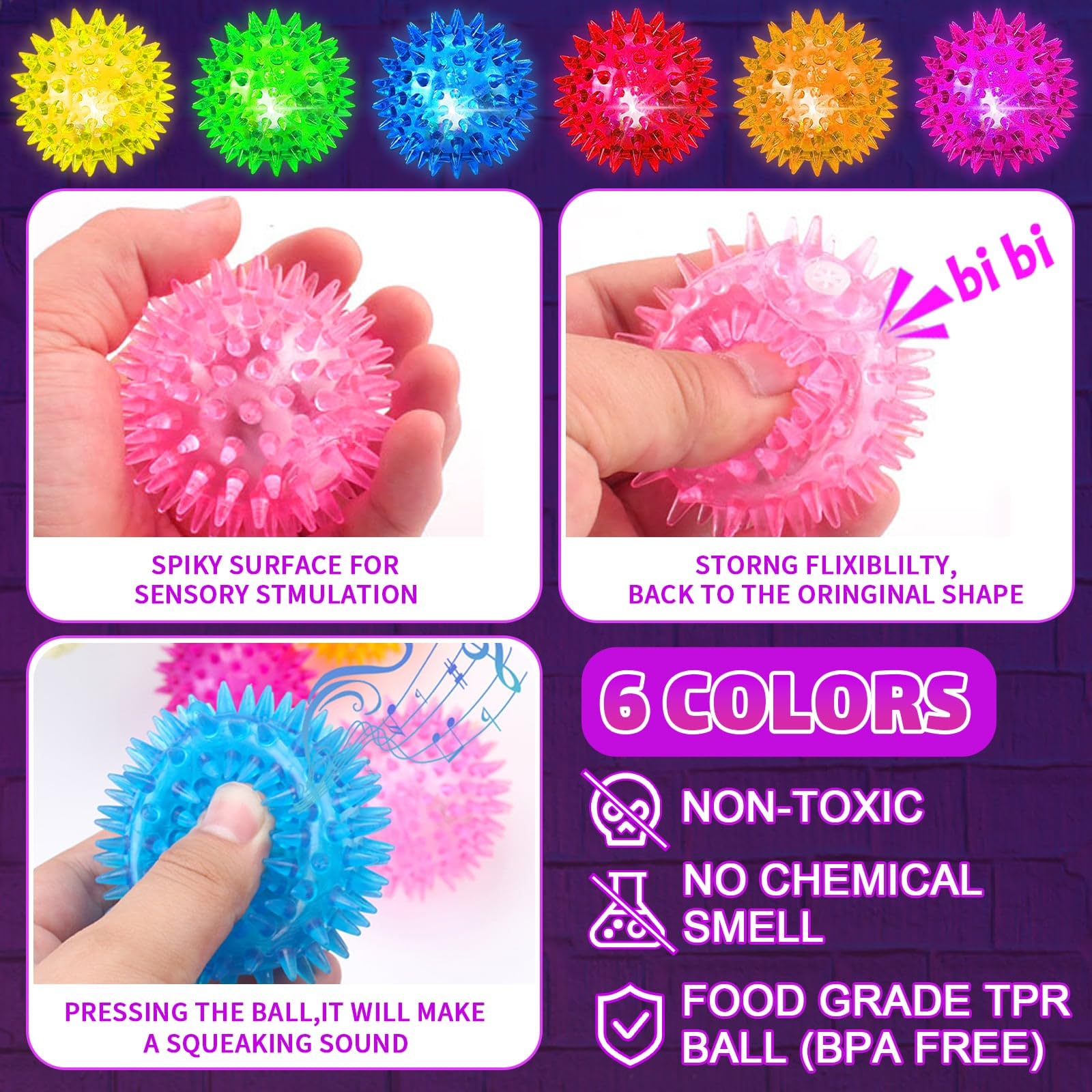 LED Flashing Spiky Sensory Balls for Kids - Bouncy Light Up Toys for Toddlers 1-3, Autism Stress Relief, Fidget Toys, Glow in The Dark Party Favors & Gifts - Perfect for Sensory Play, Birthday Parties and Calming Anxiety
