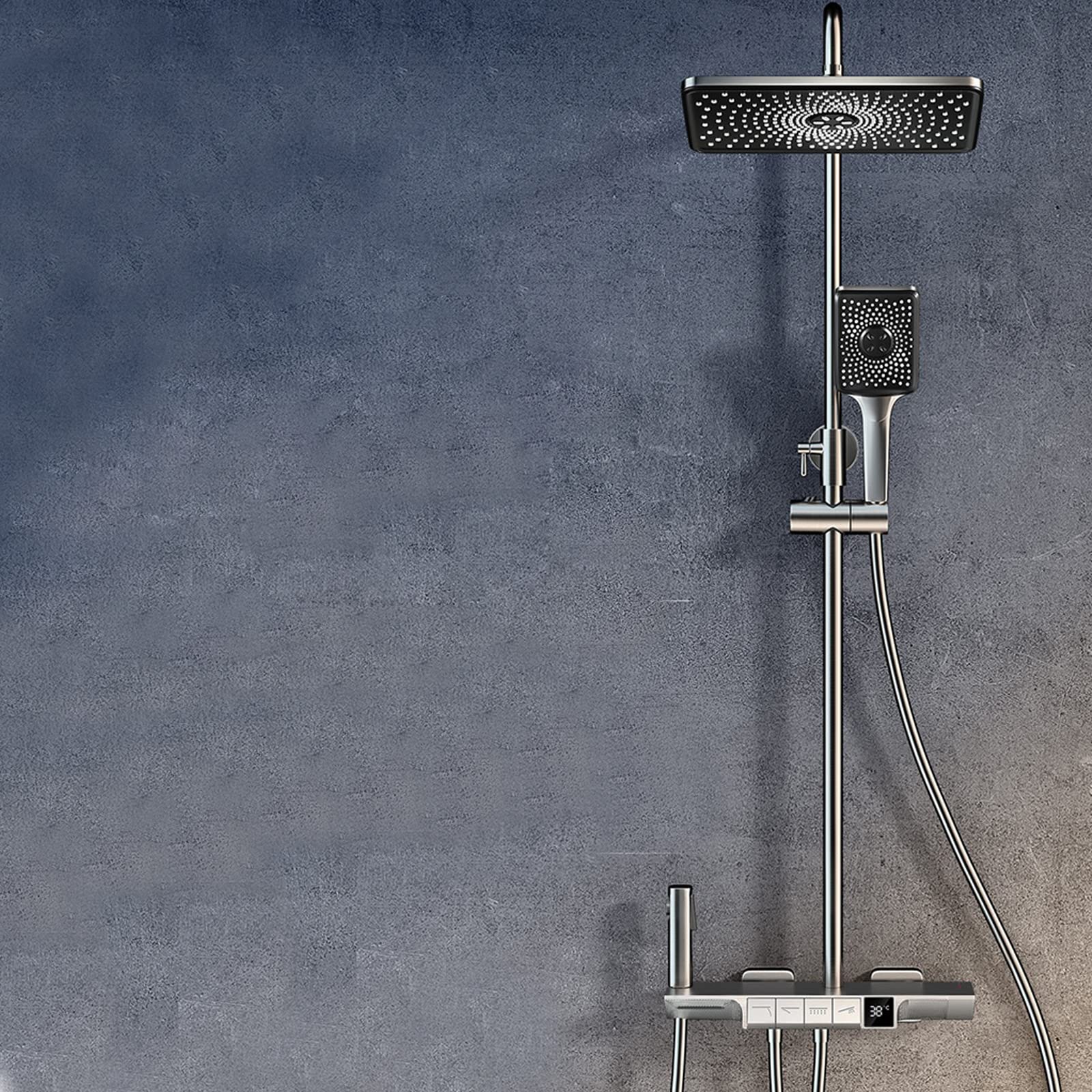 Thermostatic Shower System - Wall Mount Exposed Shower Faucet Set with Rain Shower Head, Handheld Spray & Bidet Sprayer, Tub Spout & Temperature Display Valve Trim Kit | Perfect for Modern Bathrooms, Spa-Like Showers & Water-Saving Home Upgrades