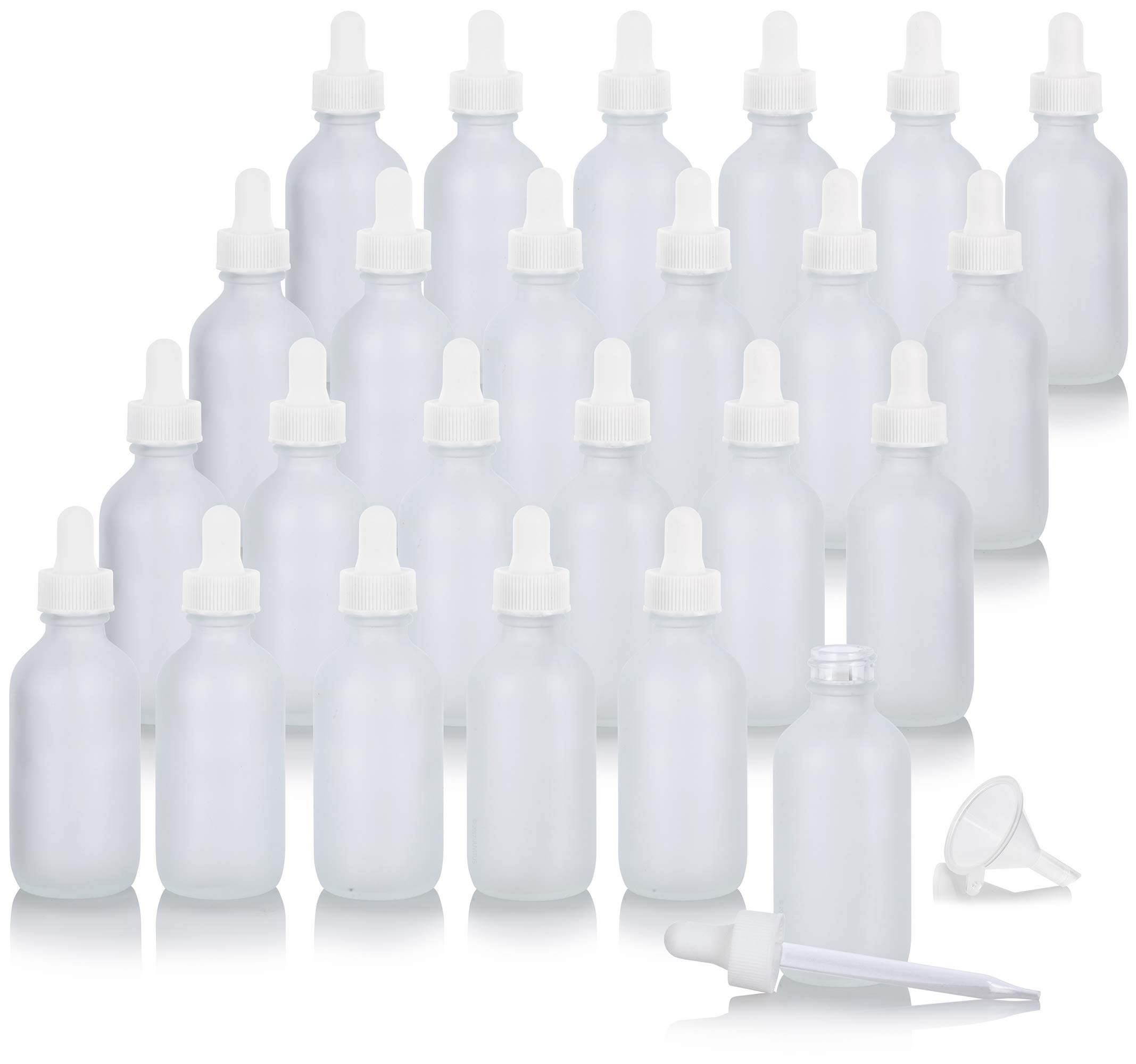 JUVITUS 2 oz Frosted Clear Glass Boston Round White Dropper Bottles (24 Pack) with Funnel - Essential Oil, CBD, DIY Skincare & Travel-Sized Storage Solution