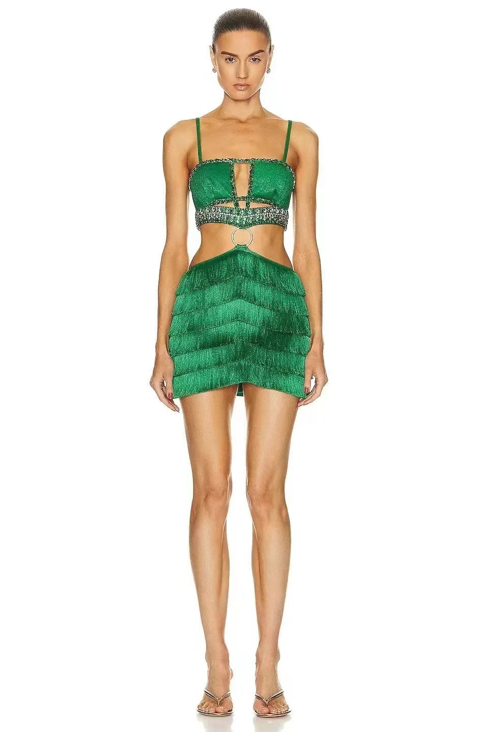 2024 Sexy Green Bodycon Mini Dress with Tassels & Shining Crystals - Women's Bandage Club Dress for Nightclub, Party & Celebrations - Perfect for Clubbing, Bachelorette & Special Occasions