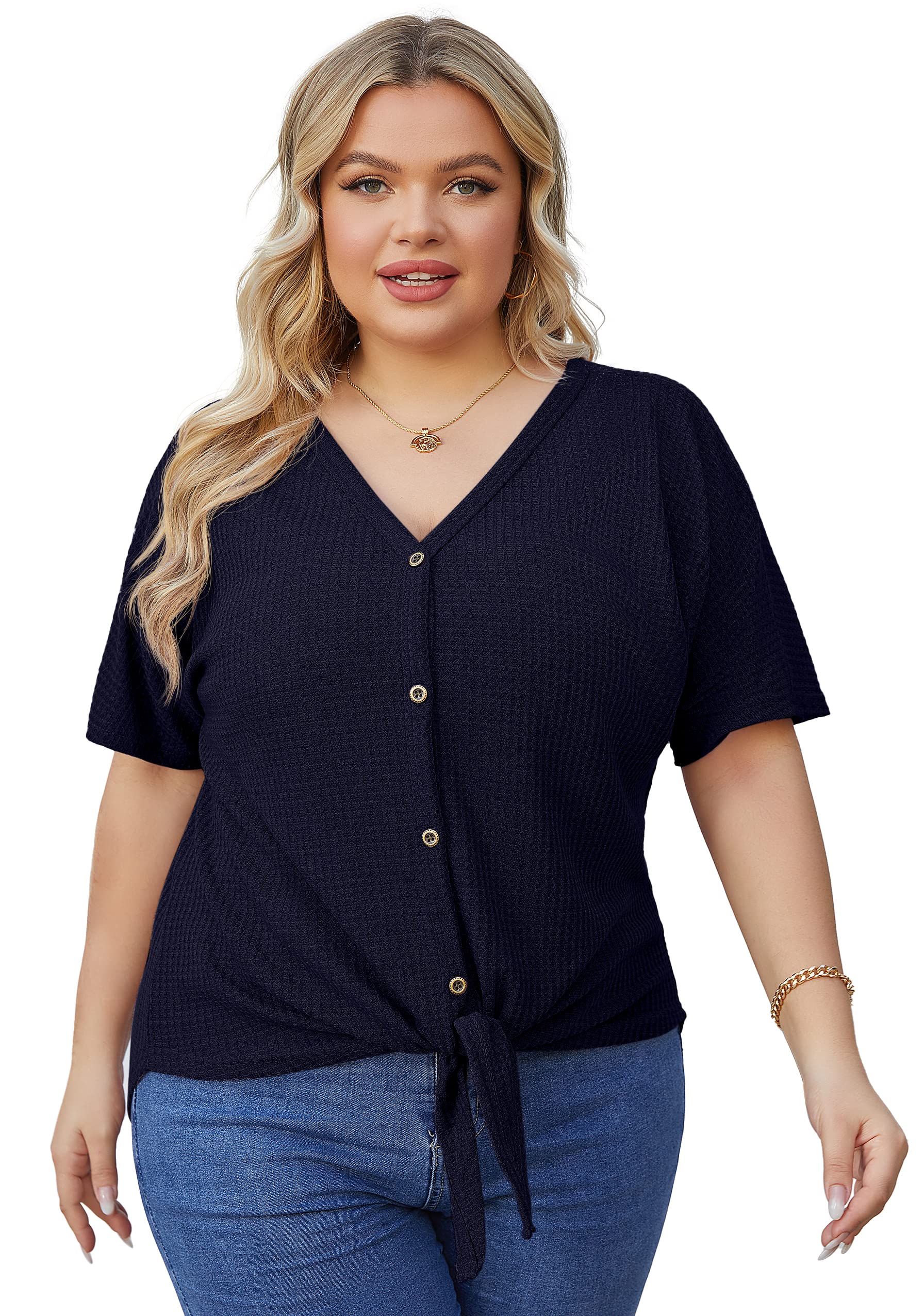 OLRIK Women's Plus Size Short Sleeve V-Neck Waffle Knit Tunic Blouse - Tie Front Button Up T-Shirt for Casual Wear & Office Outfits