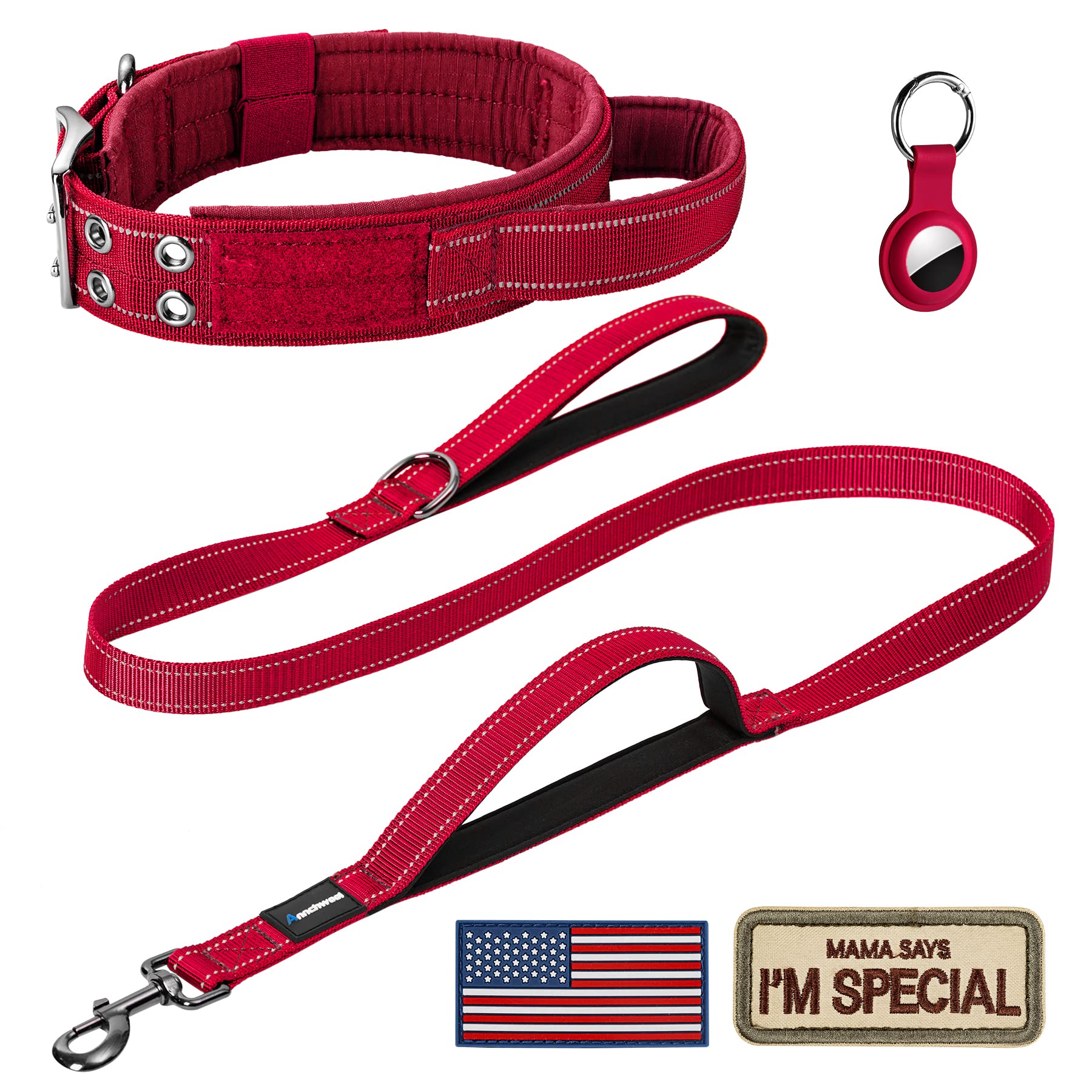 Annchwool Adjustable Tactical Dog Collar for All Breeds - Heavy Duty Reflective Collar with 2 Patches & Padded Handle Leash - Includes AirTag Case for Tracking - Perfect for Training, Hiking & Outdoor Adventures