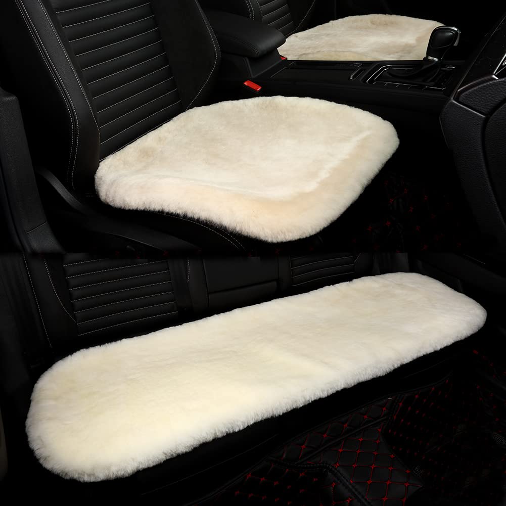 Premium Genuine Sheepskin Car Seat Cushion Set - 3-Piece Comfort Pad for Cars, Trucks & SUVs | Breathable Seat Protector Cover for Driver & Passenger | Luxury Car Accessories (Pearl White) | Perfect for Long Drives, Road Trips & Daily Commute