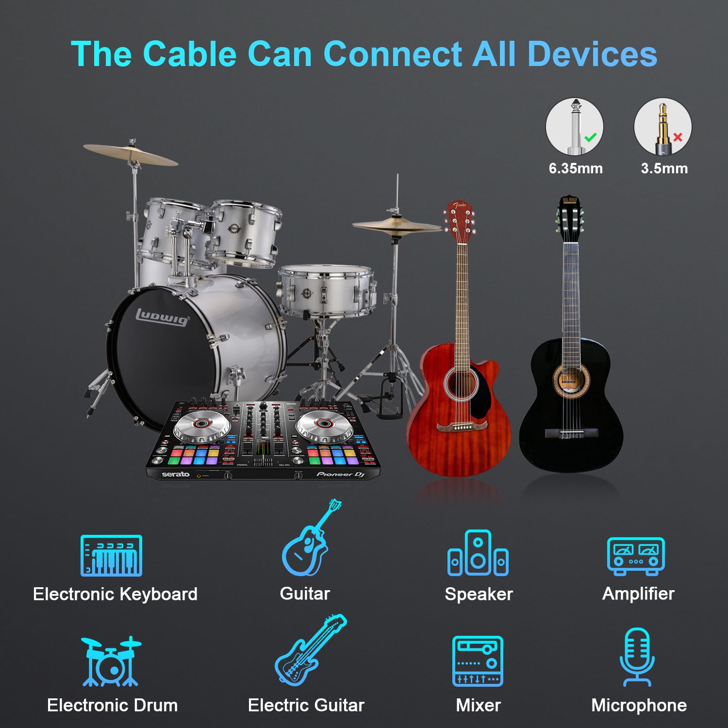 FIBBR 10ft Right Angle 1/4 Inch Instrument Cable (2-Pack) - Professional Guitar Cable for Electric Bass, Mandolin & Pro Audio Equipment - Perfect for Live Performances, Studio Recording & Home Practice