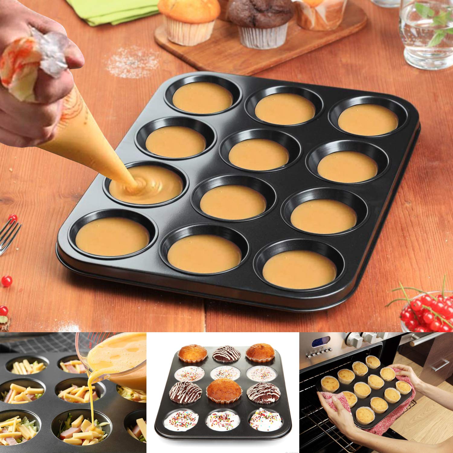 Nonstick 12-Cup Muffin Pan Set (2 Pack) - Premium Cupcake & Brownie Baking Tray for Oven, 13.9 x 10.5 x 1.2 Inch Black Bakeware - Perfect for Birthday Parties, Holiday Baking & Homemade Desserts