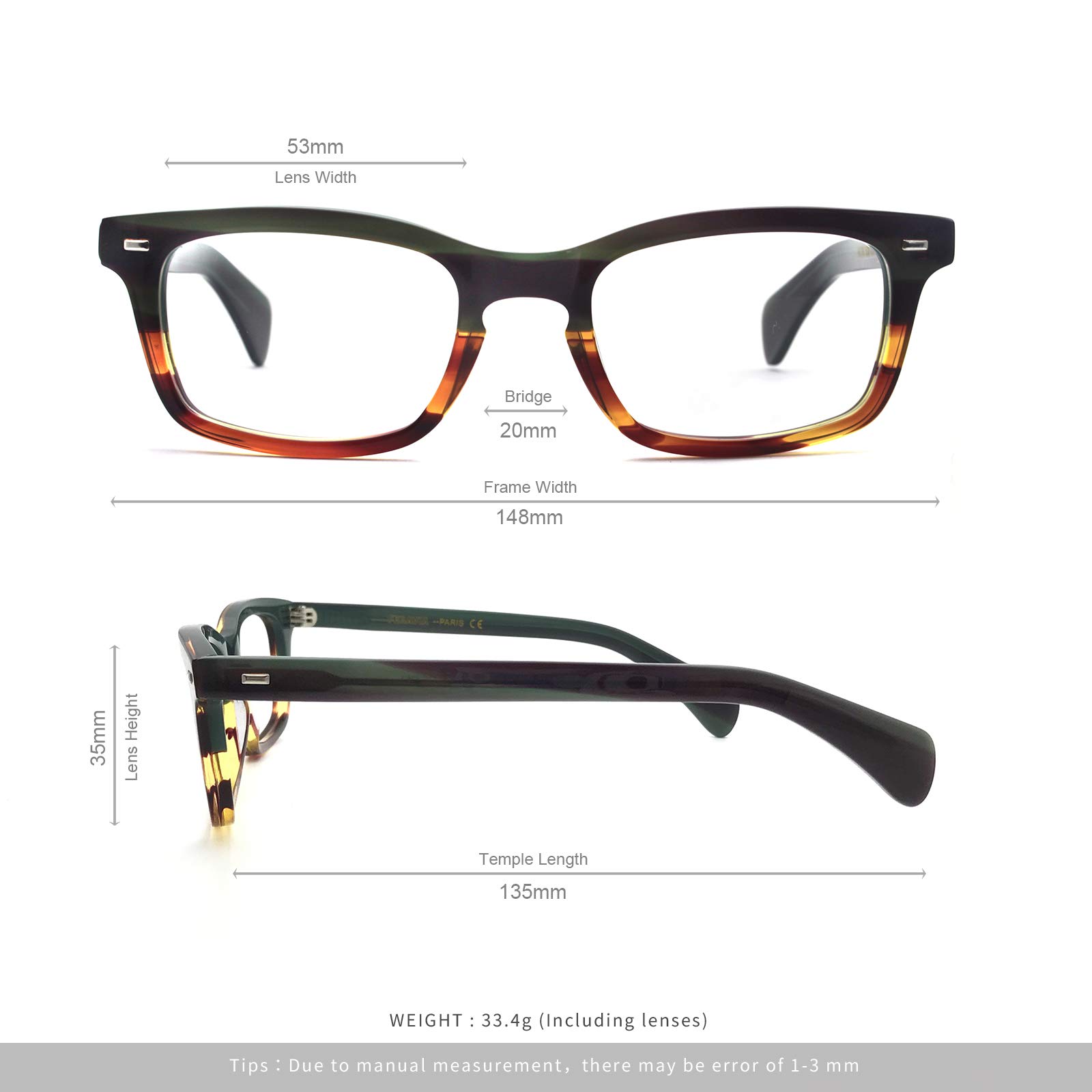 Stylish Acetate Eyeglasses for Men & Women - Non-Prescription Rectangle Fashion Glasses with Thick Frame - Perfect for Reading, Work & Everyday Wear