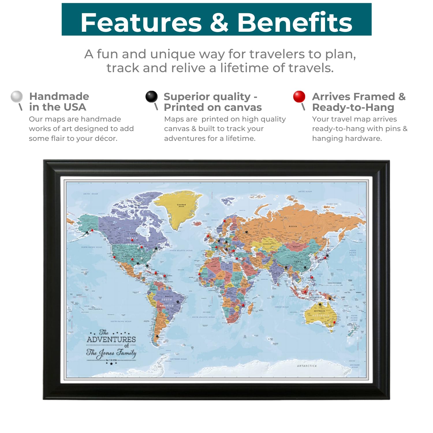 Personalized Blue Oceans World Push Pin Travel Map with Solid Wood Brown Frame - Perfect for Travel Enthusiasts, Home Decor & Office Wall Art