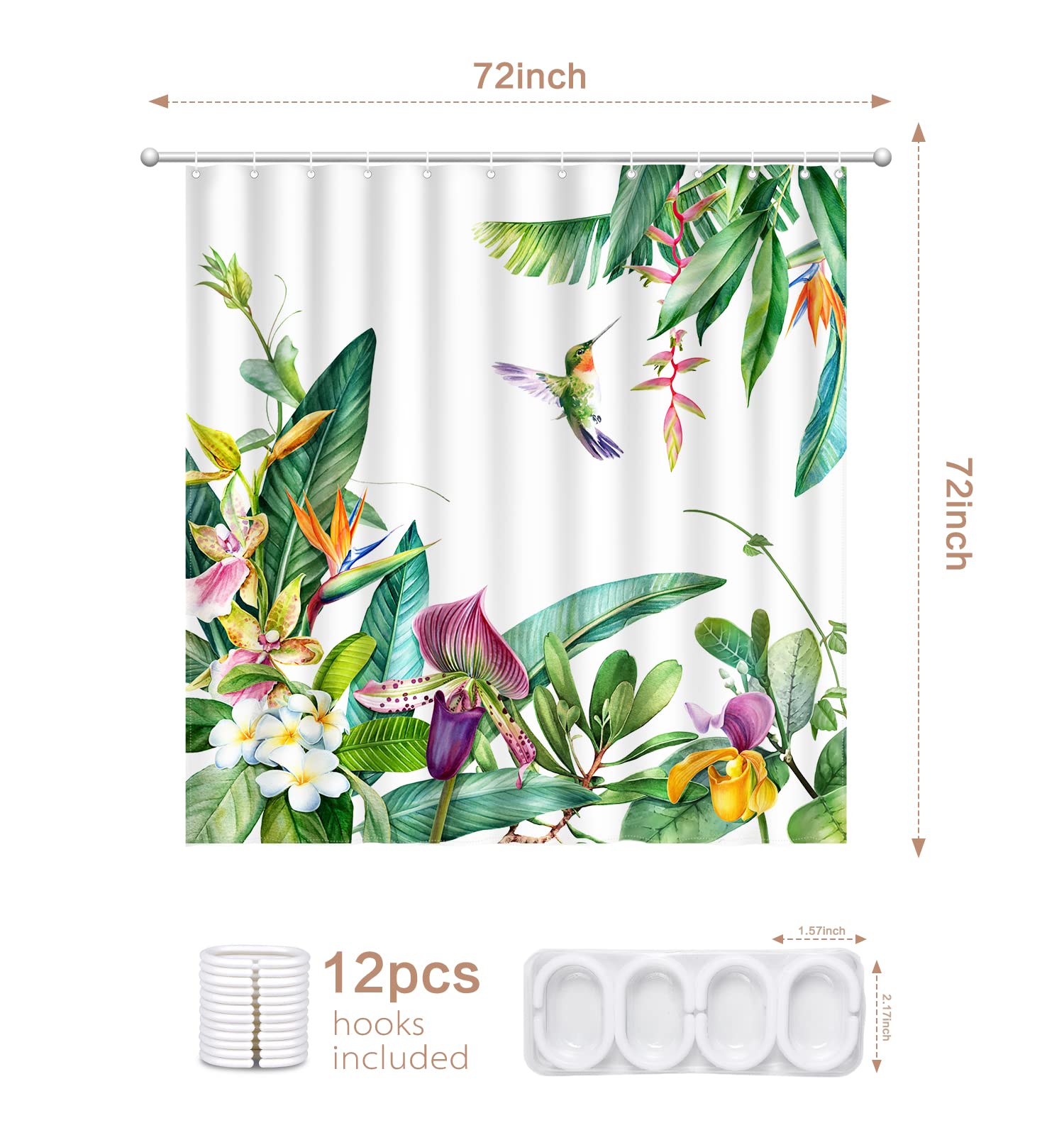 Green Plants & Hummingbird Waterproof Polyester Shower Curtain Set - 72x72 Inches Quick-Drying Bathroom Decor with 12 Hooks, Machine Washable - Perfect for Spring Refresh, Farmhouse or Nature-Themed Bathrooms