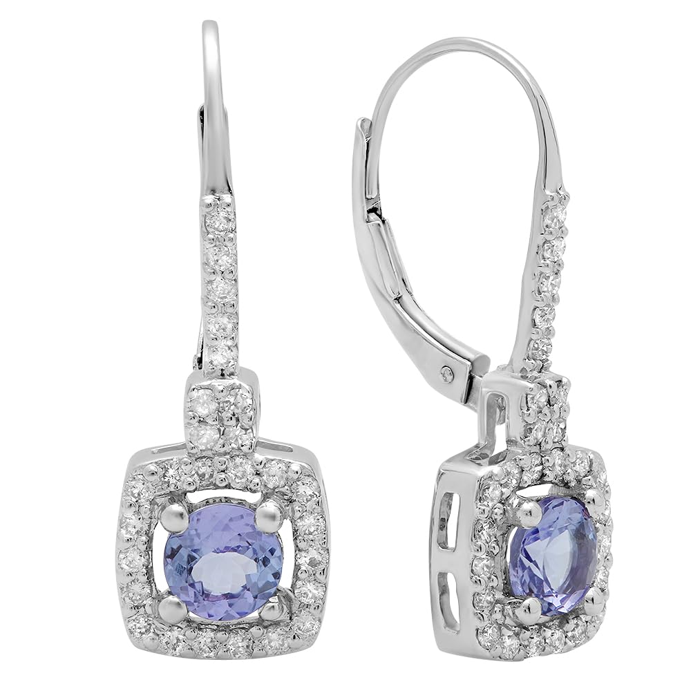 Dazzlingrock Collection 10K Solid White Gold Tanzanite & White Diamond Halo Hoop Earrings for Women - Perfect for Weddings, Parties & Special Occasions