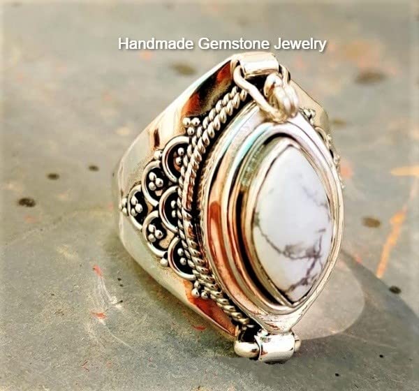 White Howlite Poison Ring with Marquise Stone - Handmade Openable Secret Stash Jewelry | Perfect for Gift Giving, Cosplay & Steampunk Fashion Accessories