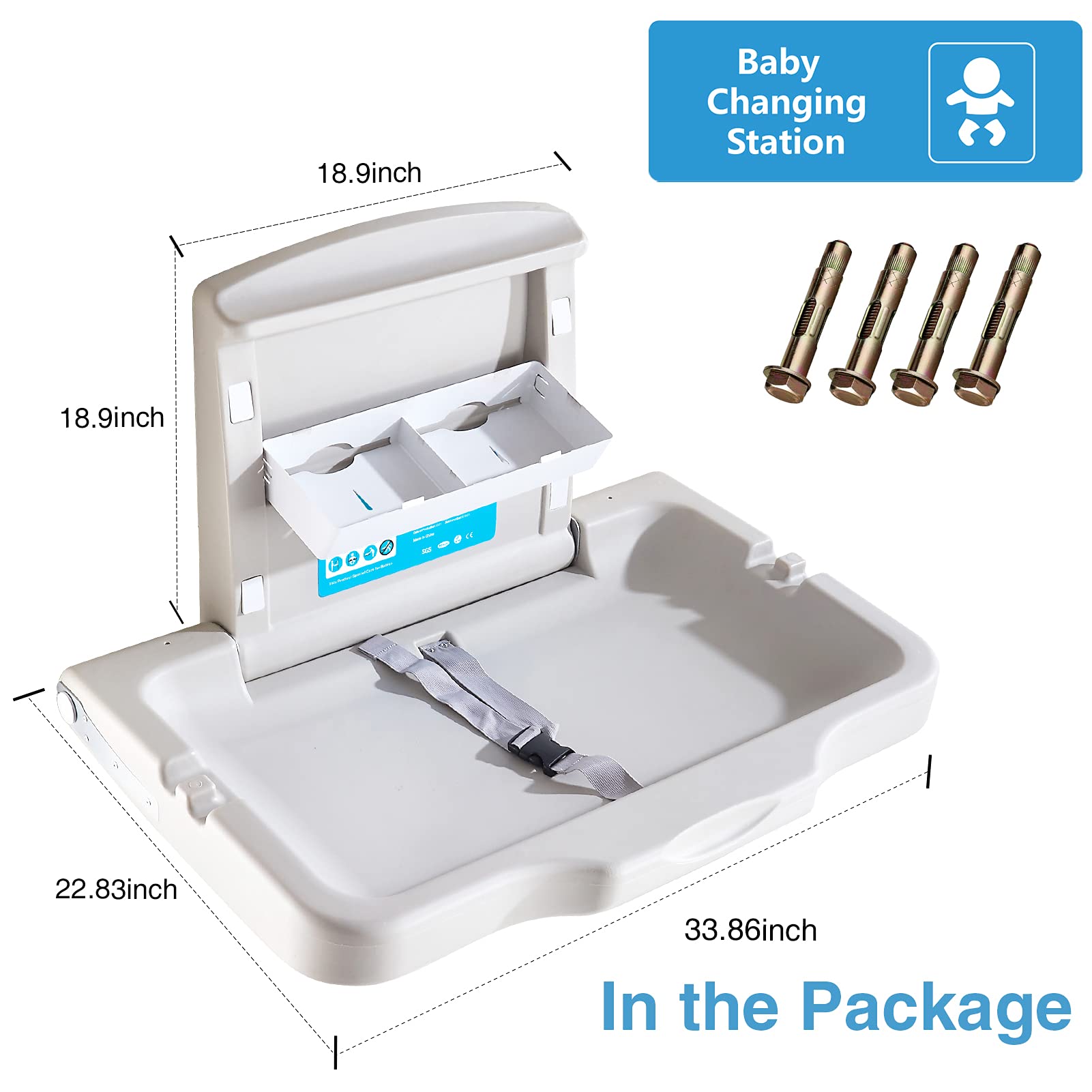 Wall Mounted Baby Changing Station with Safety Strap - Commercial Diaper Changing Table for Public Restrooms & Daycares - ADA Compliant Horizontal Changing Unit with Sign - Perfect for Shopping Malls, Airports & Family Restrooms