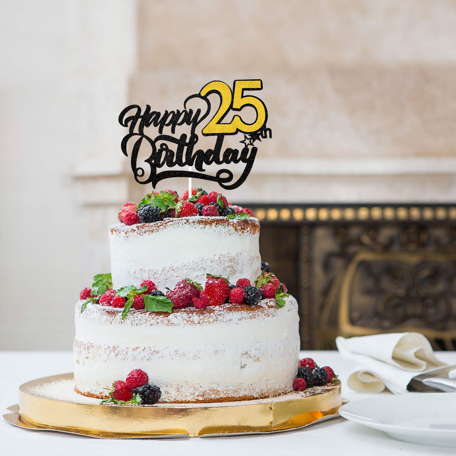 25th Birthday Cake Topper - Elegant Black Glitter Cake Decorations for Women | Perfect for 25th Birthday Parties, Milestone Celebrations & Anniversary Cakes