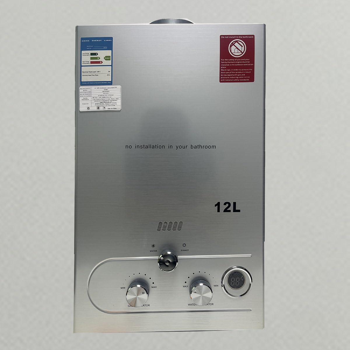 ECUTEE 12L 24KW LPG/Propane Gas Water Heater - Instant Tankless Gas Water Heater with Shower Kit for Outdoor Use, Silver - Perfect for Camping, RV, and Off-Grid Living