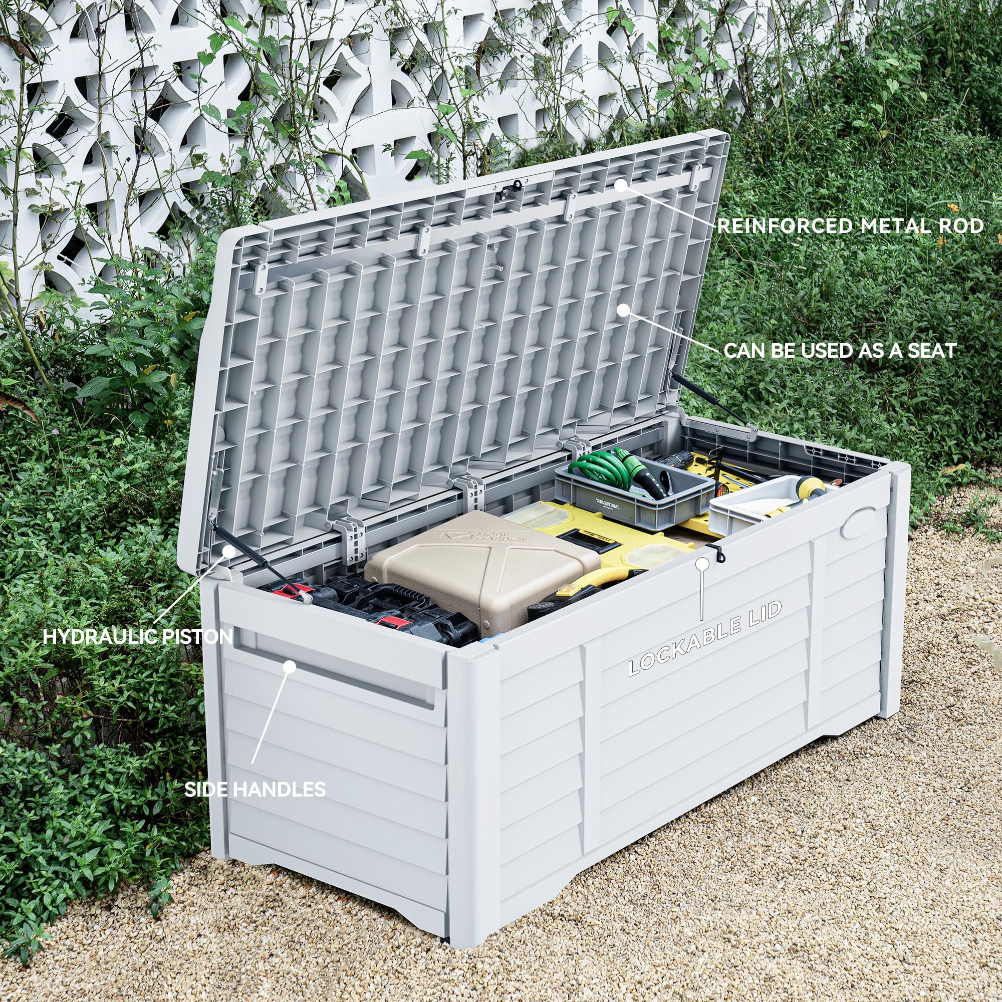 DWVO 120 Gallon Outdoor Louver Storage Deck Box with Seating Cushion - Large Waterproof Resin Deck Storage Box for Patio Furniture, Garden Tools, Pool Toys & Outdoor Accessories - Lockable Design (White) - Perfect for Backyard, Poolside & Deck Organization