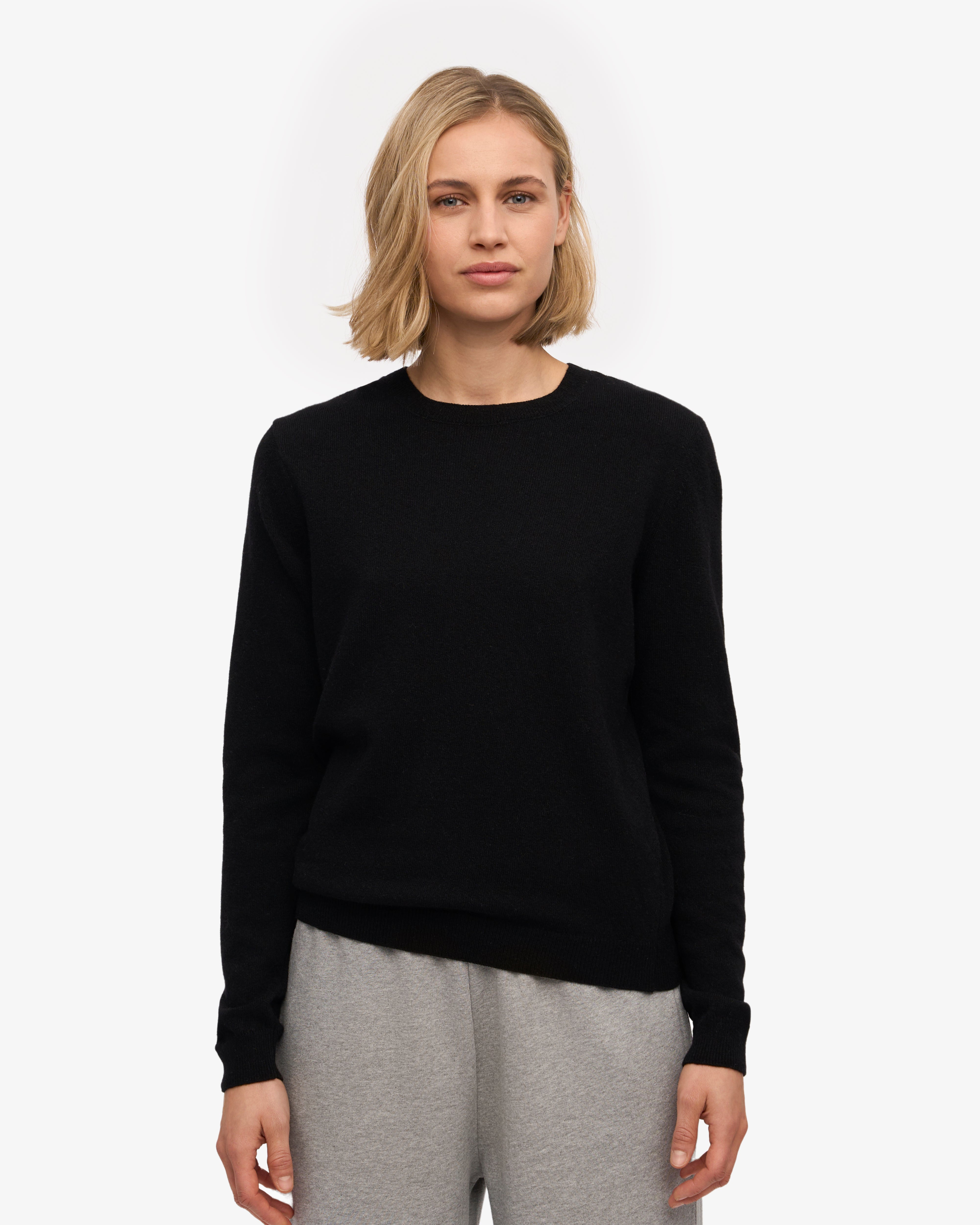 Premium Women's Light Merino Wool Crew Neck Sweater - Deep Black | Soft & Warm Winter Pullover for Casual Wear & Outdoor Activities