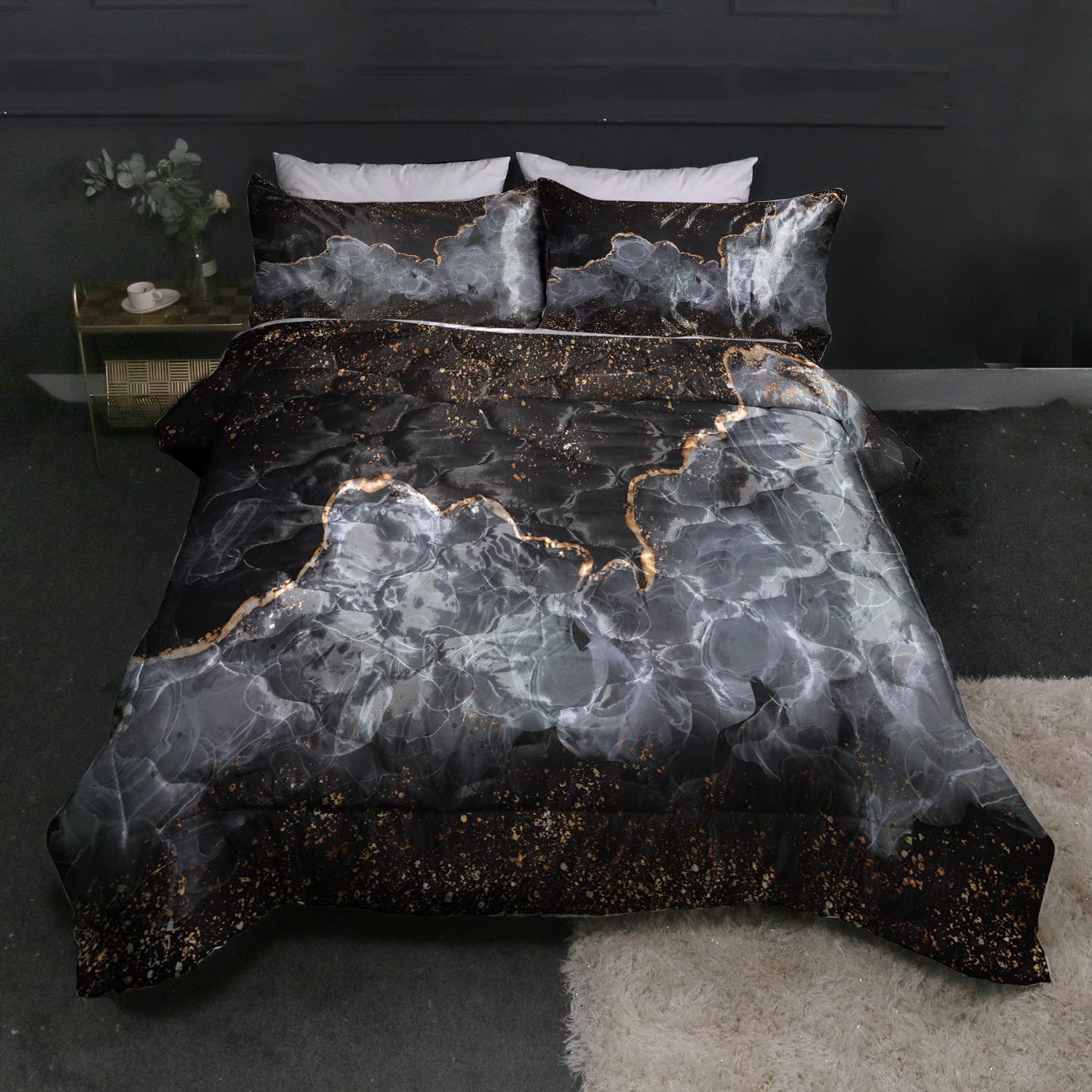BlessLiving Satin Comforter Set 3PCS - Black Gold Marble Glitter Silky Bedding for King Size Bed with 2 Pillow Shams | Luxury Modern Bed Set for Women & Men | Perfect for Master Bedroom, Guest Room & Hotel Decor