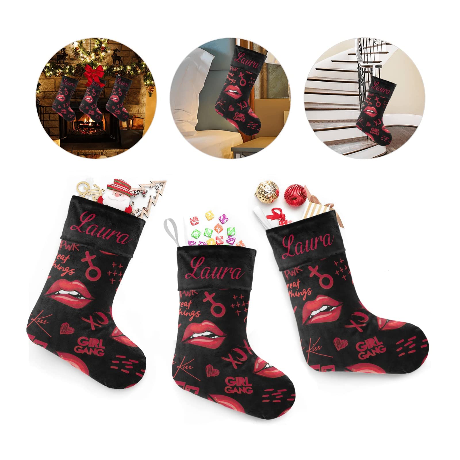 Personalized Christmas Stockings with Kiss Lips & Hearts Design - Custom Name Holiday Socks for Family Party Decor (17.52 x 7.87 Inch) - Perfect for Fireplace Mantel, Gift Exchange & Festive Home Decor