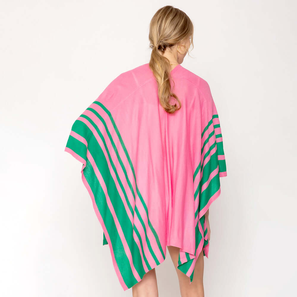Pink & Green Border Ruana Poncho Shawl Wrap for Women - Medium Size, Boho Chic Outerwear - Perfect for Fall, Winter, Beach Cover-Up & Casual Outings
