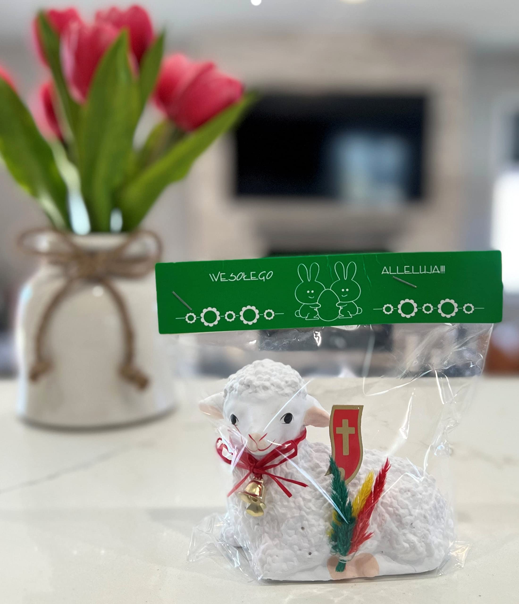 AM Decor Traditional Polish Easter Lamb Figurine with Flag & Palm - Handmade Gypsum Statue (Baranek Wielkanocny, X-Large) - Perfect for Easter Home Decor, Table Centerpiece & Holiday Gift
