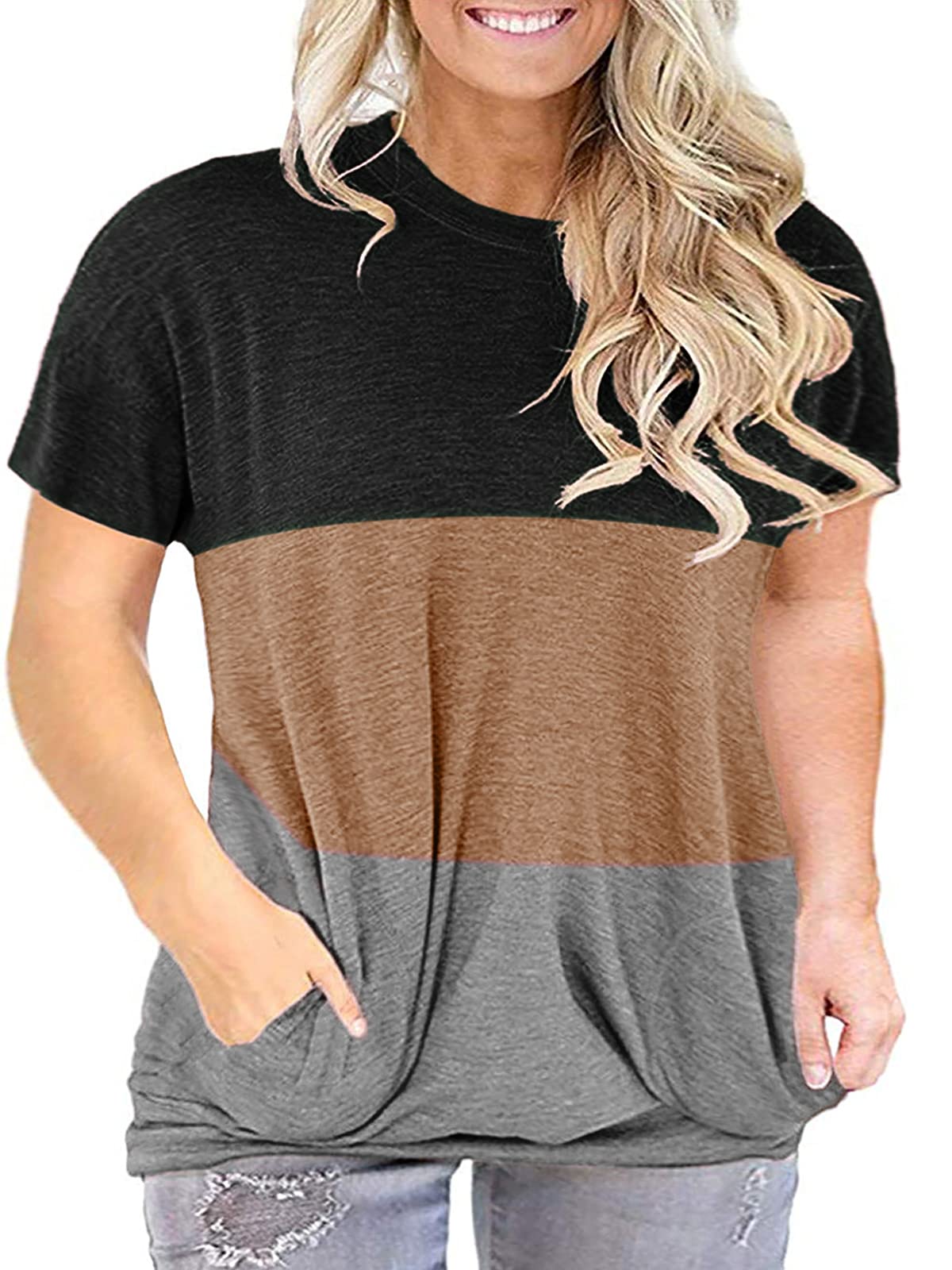 LANREMON Women's Plus Size Casual Short Sleeve Tunic Top with Pockets - Comfortable Round Neck Blouse for Work, Travel & Everyday Wear