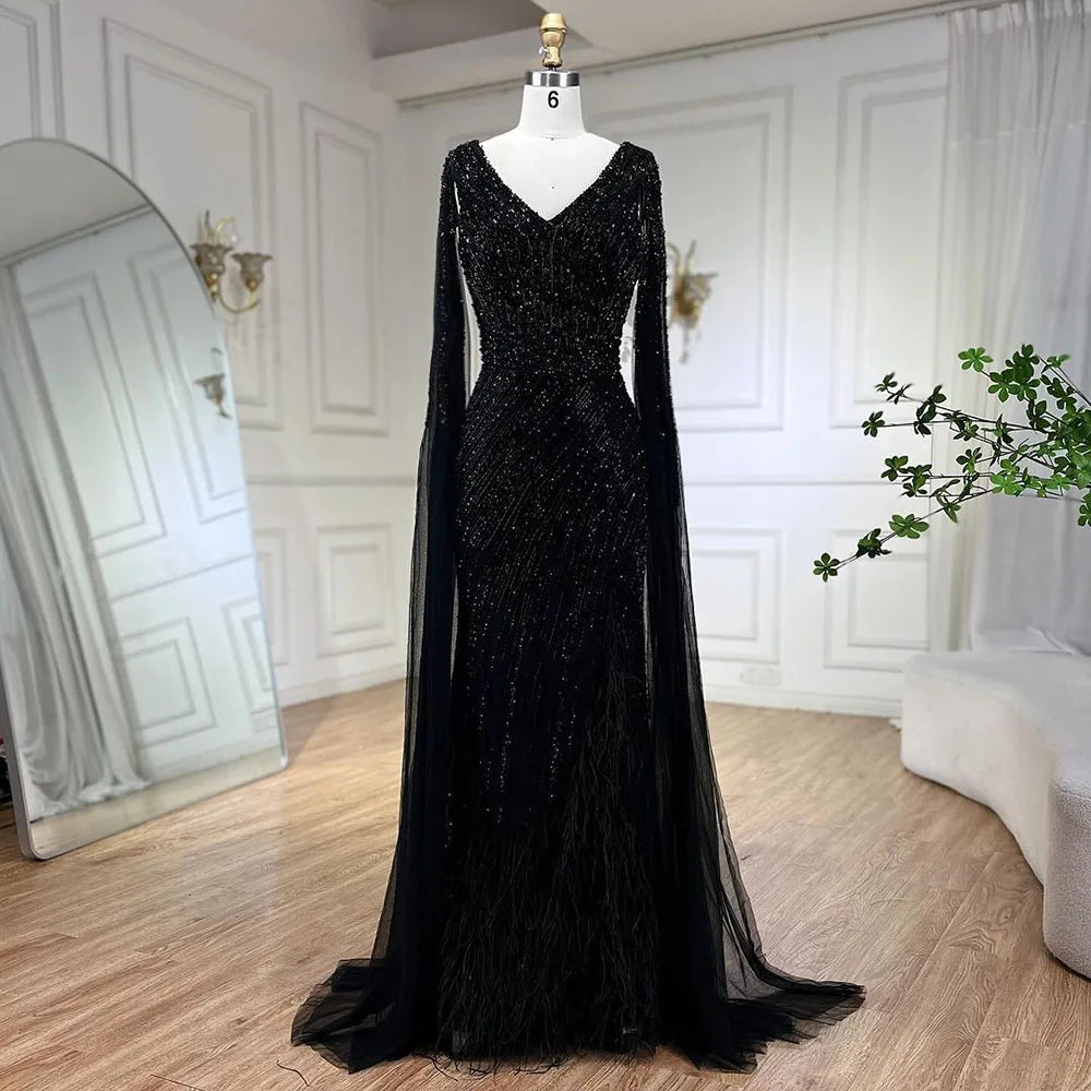 Serene Hill Black Mermaid Evening Gown with Cape Sleeves, High Slit & Beaded Feather Details - Elegant Women's Formal Dress for Prom, Gala & Special Occasions