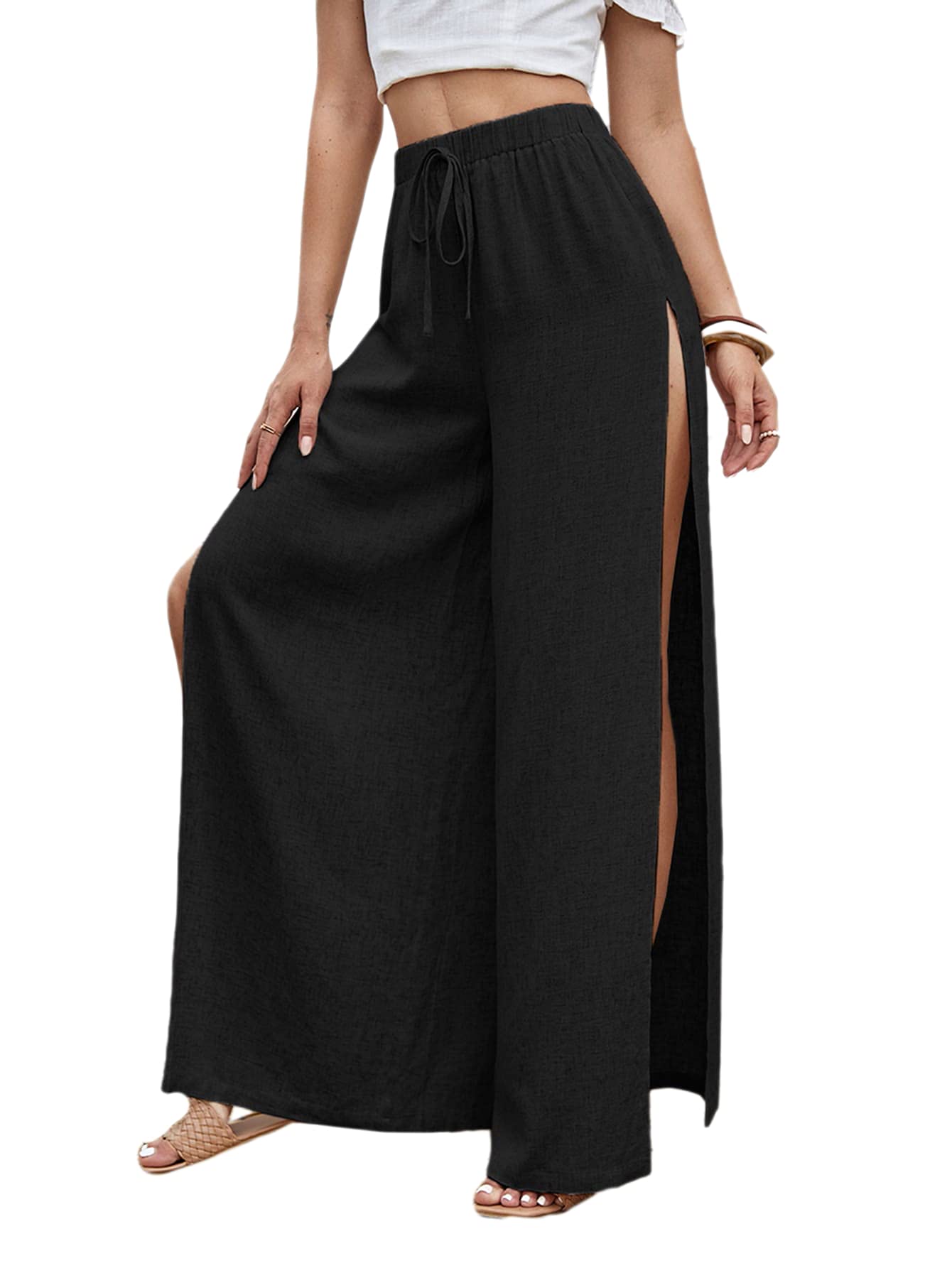 WDIRARA Women's High Waist Elastic Stretch Wide Leg Pants with Side Split & Tie Front - Comfortable Casual Lounge Pants for Work, Travel & Everyday Wear
