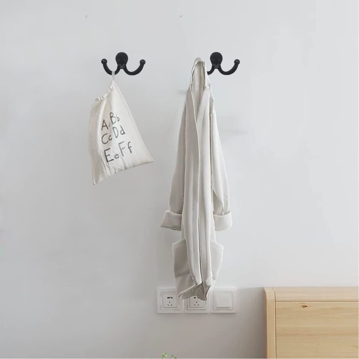 10 Pack Heavy Duty Double Prong Wall Mounted Coat Hooks - Black Indoor/Outdoor Hanging Hooks with 20 Screws - Perfect for Entryway, Closet, Garage & Mudroom Organization
