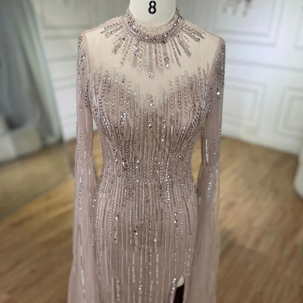 Elegant Arabic Turquoise Mermaid Evening Gown with Cape Sleeves & Beaded Split Design for Women - Wedding, Party & Special Occasion Dresses 2025 | LA72381 | Perfect for Bridal Showers, Red Carpet Events & Formal Galas