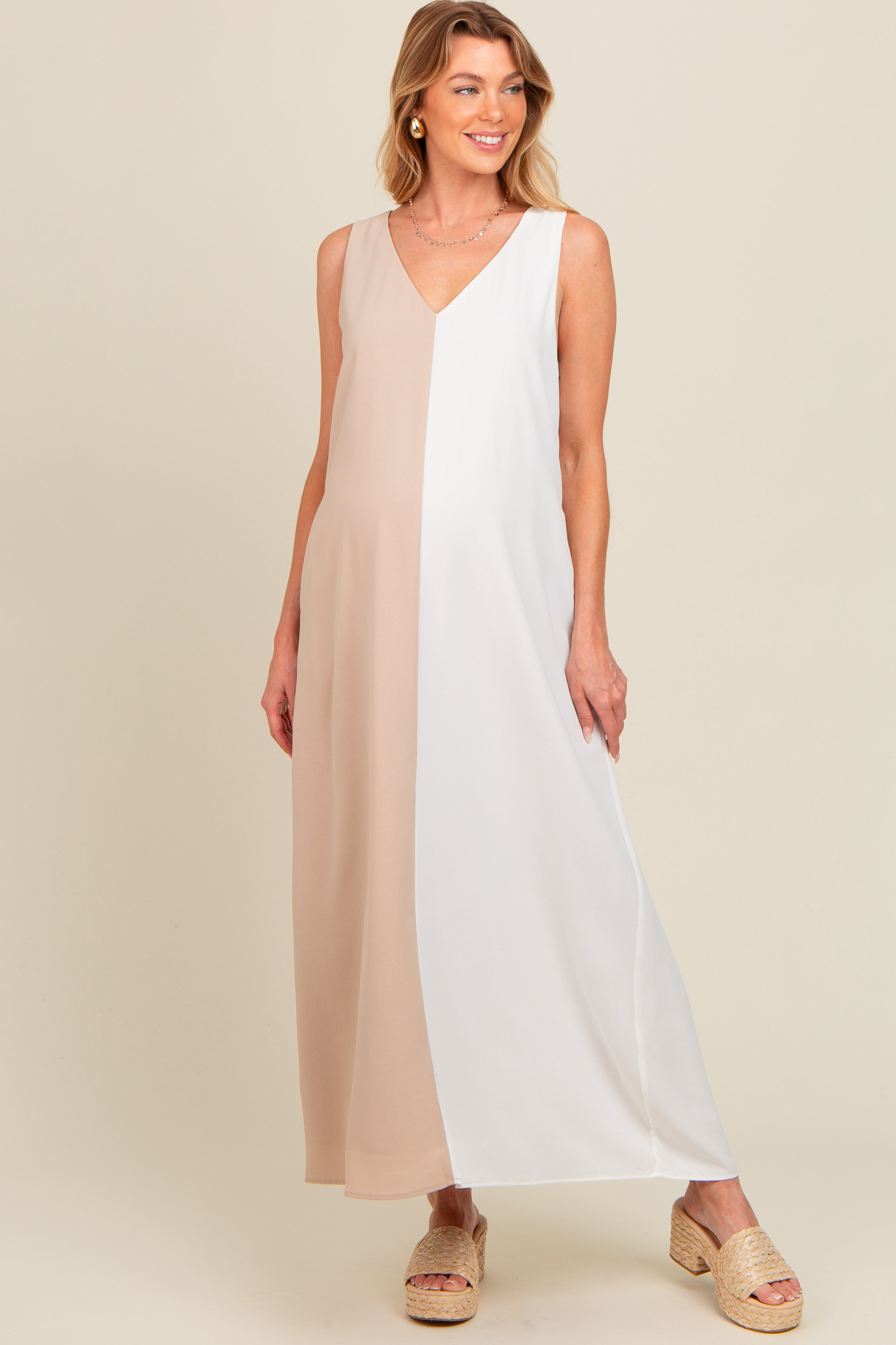 Beige Colorblock Maternity Midi Dress for Pregnancy - Comfortable Stretchy Nursing Dress for Women | Perfect for Baby Showers, Maternity Photos & Everyday Wear