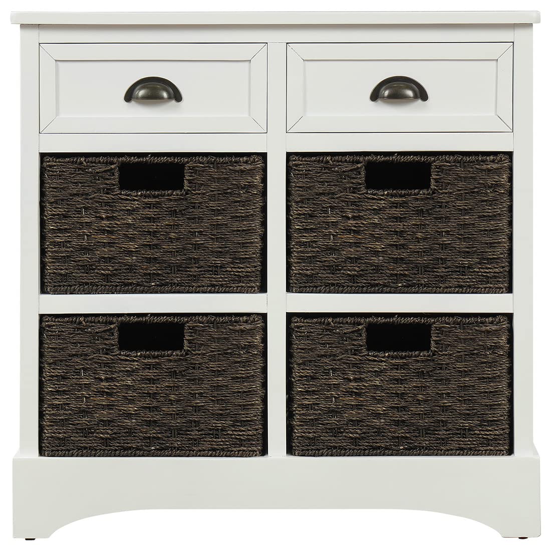 Rustic Wooden Storage Cabinet - Modern Console Table with 2 Drawers & 4 Rattan Baskets, Kitchen Buffet Sideboard for Dining Room, Entryway & Living Room - No Assembly Required (White) | Perfect for Home Organization & Farmhouse Decor