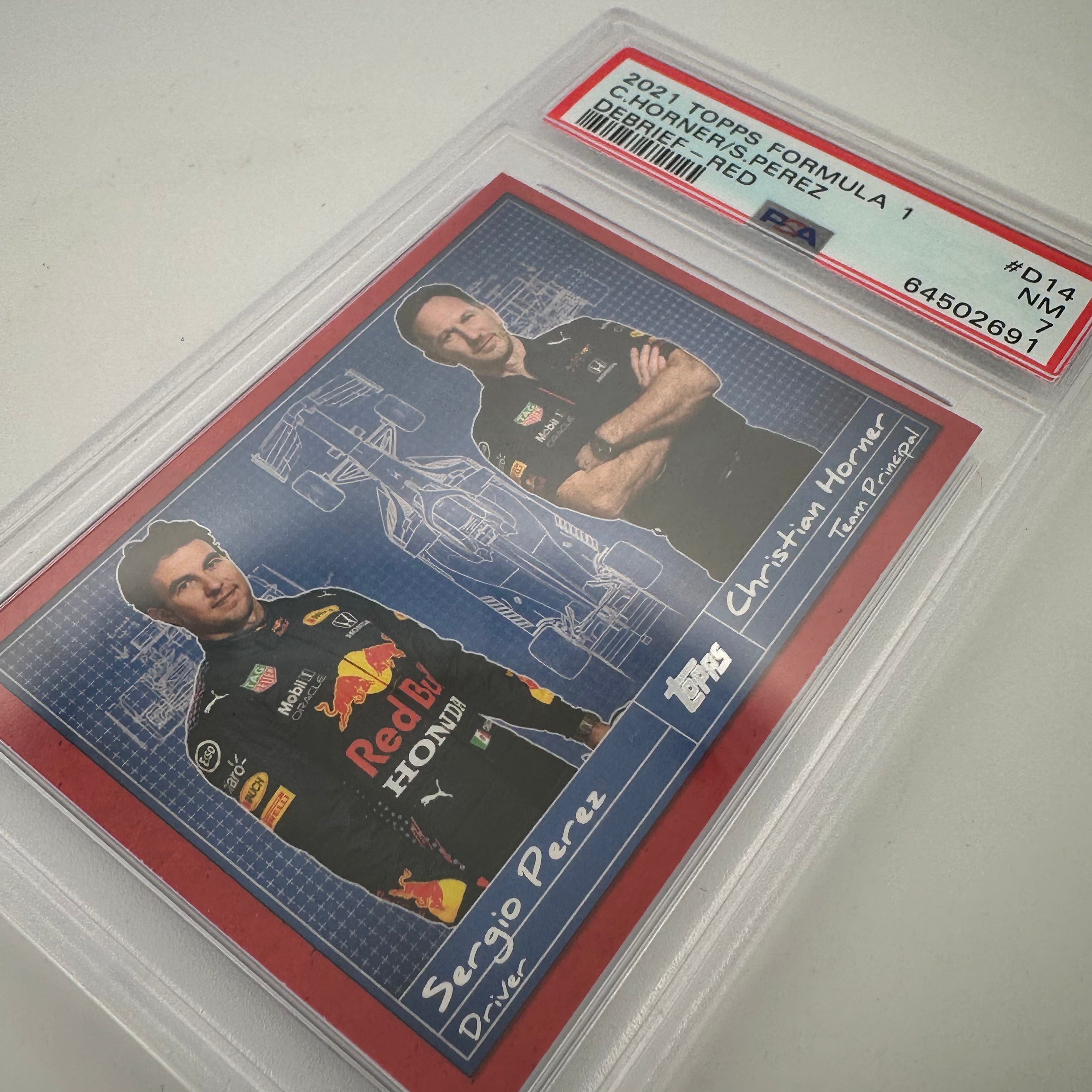PSA 7 5/5 Sergio Perez & Christian Horner Red Bull Racing Debrief #D14 - Perfect for F1 Collectors & Motorsport Fans | Display in Home Office, Man Cave, or Sports Memorabilia Collection