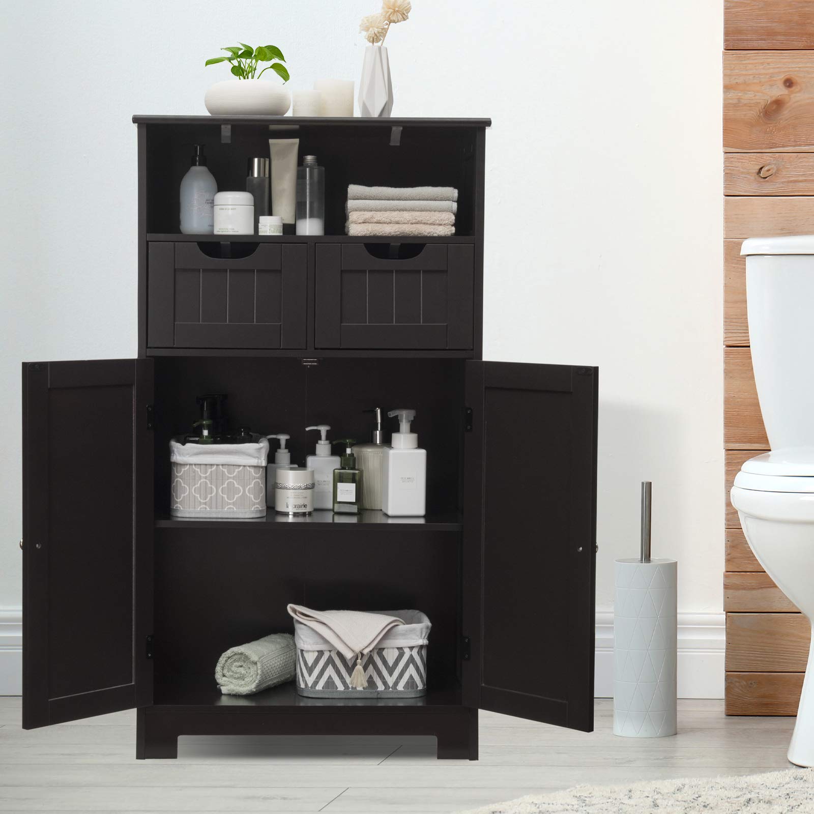 GLACER Multifunctional Floor Cabinet with Removable Drawers & Adjustable Shelf - 24 x 12 x 43 Inches Bathroom Storage Organizer for Living Room, Kitchen, Entryway - Space-Saving Brown Wood Cabinet (Perfect for Small Spaces & Home Organization)
