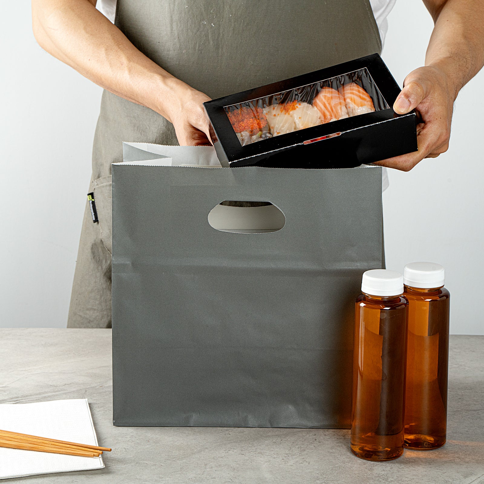Premium Rectangle Gray Paper Take Out Bags with Handles - 11