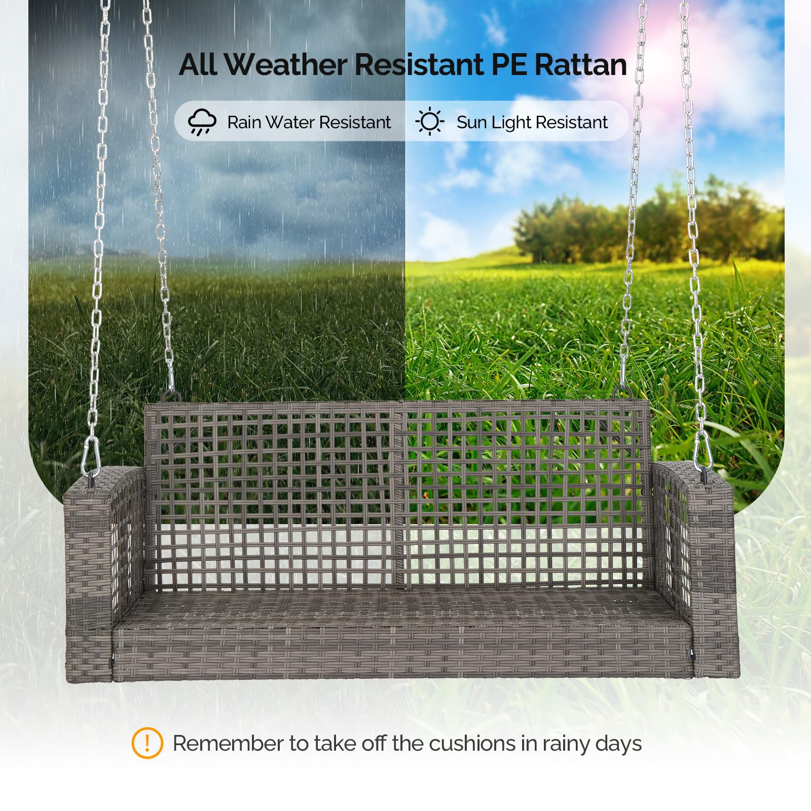 VINGLI 4 FT Outdoor Rattan Porch Swing with Cushions - 800 LB Weight Capacity, Adjustable Chains - Patio Wicker Swing Bench Chair for Garden, Yard, Lawn, or Tree (Grey) - Perfect for Relaxing on Your Porch, Deck, or Backyard Oasis