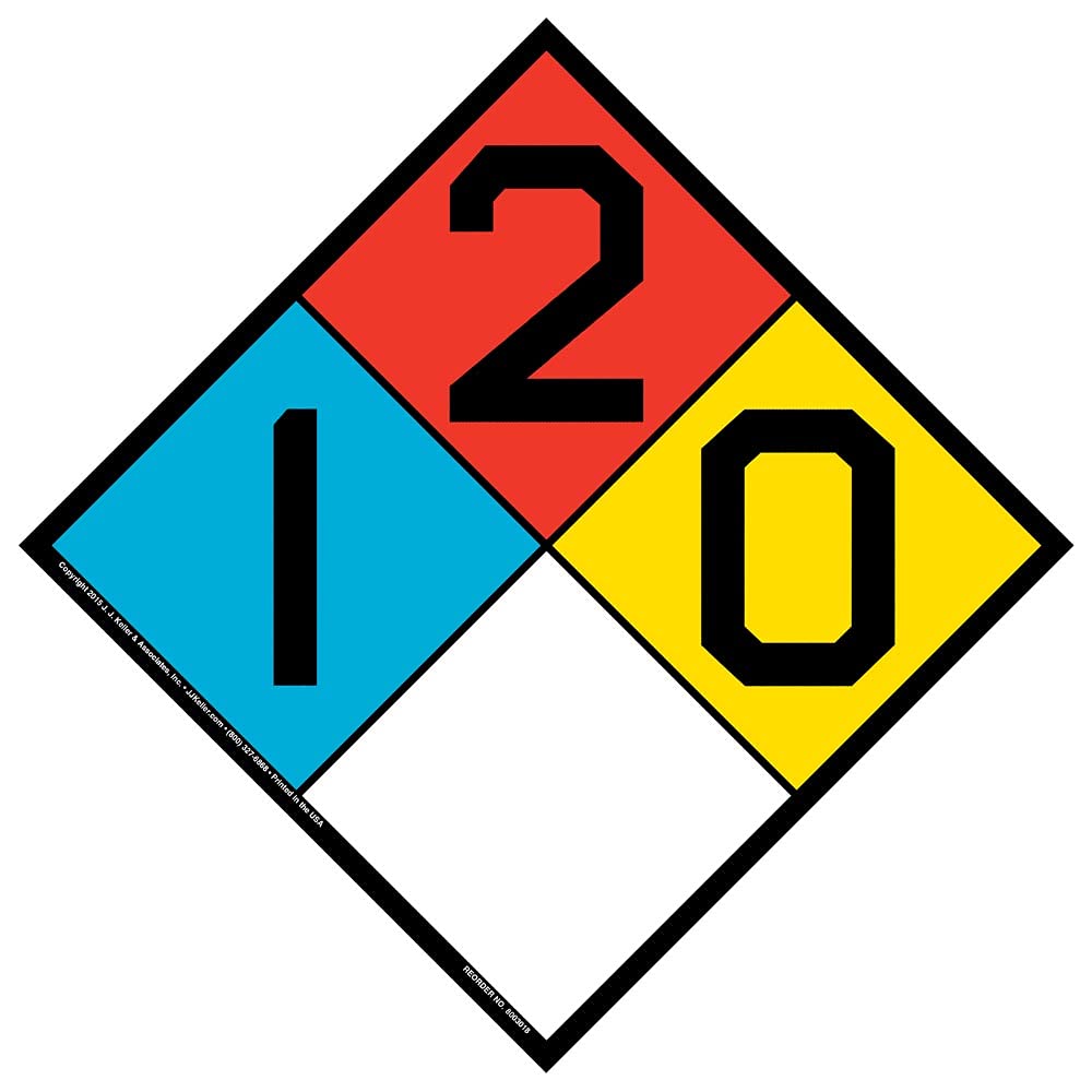 1-2-0-None NFPA Hazardous Materials Sign | 10x10 Inch Durable Self-Adhesive Vinyl Safety Label with Rounded Corners | Indoor/Outdoor Use | OSHA Compliant | by J.J. Keller & Associates | Perfect for Warehouses, Chemical Plants & Construction Sites
