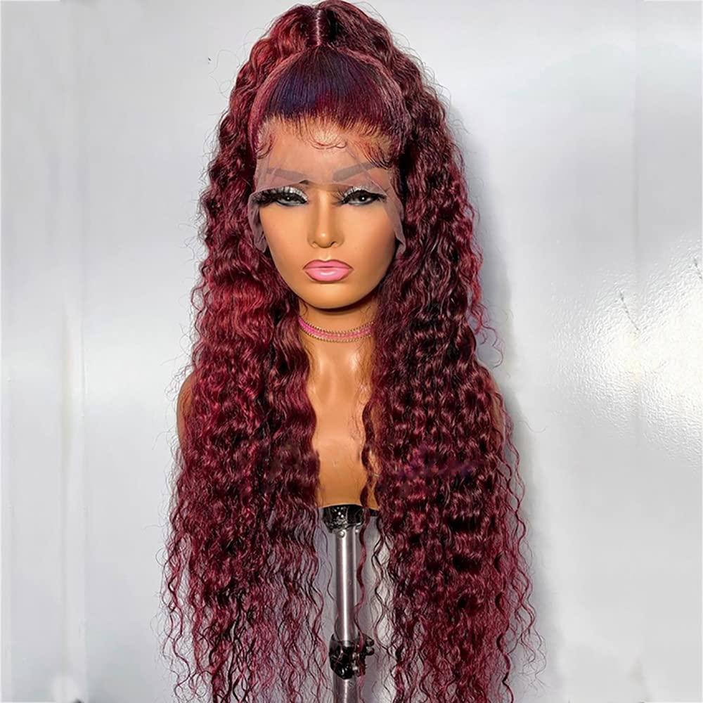 99J Burgundy Lace Front Wig - 16 Inch Brazilian Remy Human Hair with Pre-Plucked Hairline & Baby Hair | Natural Curly Virgin Hair Lace Frontal Wig for Black Women | Perfect for Daily Wear, Parties & Special Occasions