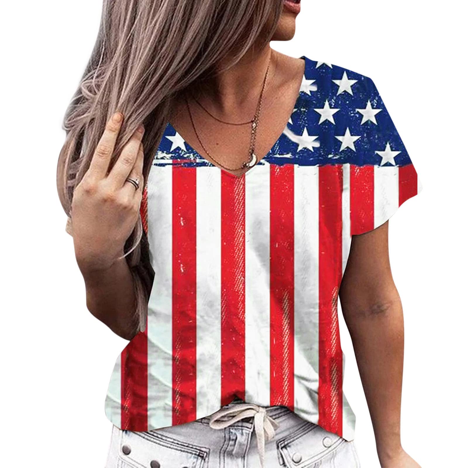 Women's American Flag V-Neck & Crewneck T-Shirts - Patriotic Summer Tops, 4th of July Blouses, Short Sleeve USA Tunic - Perfect for Independence Day Celebrations, BBQ Parties & Casual Outings
