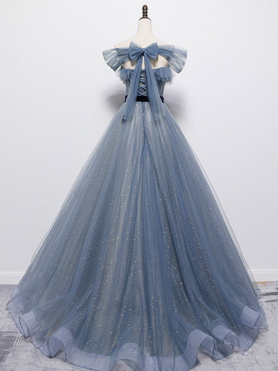 Elegant Blue Tulle Off-Shoulder Sequin Long Prom Dress - Formal Evening Gown for Homecoming, Quinceañera & Special Occasions