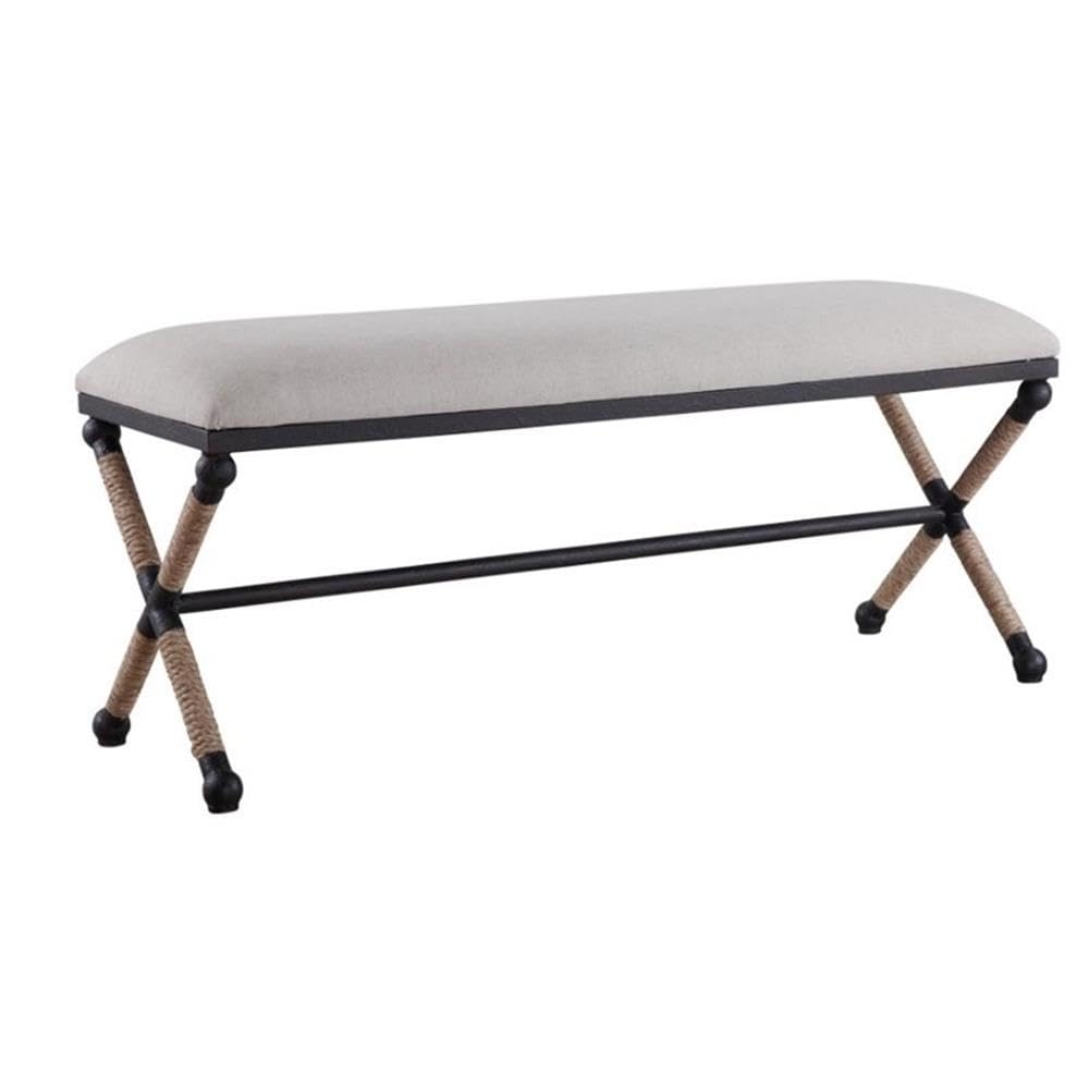 BOWERY HILL Modern Upholstered Iron Bench in Oatmeal - Stylish Entryway, Living Room, or Bedroom Seating Furniture for Home Decor