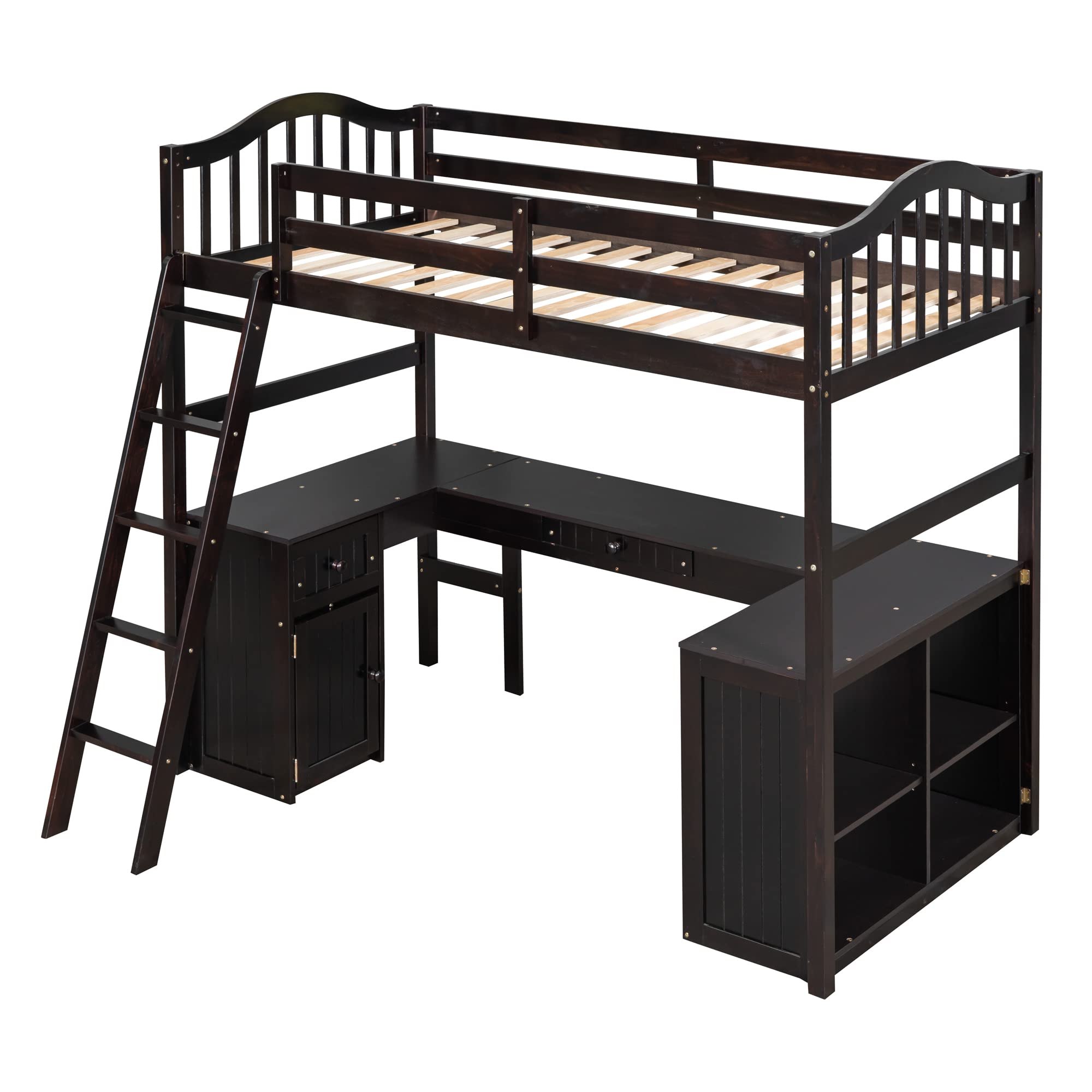 Harper & Bright Designs Wood Twin Size Loft Bed with Drawers, Cabinet, Shelves & Desk - No Box Spring Needed - Espresso Finish - Perfect for Kids & Teens Bedroom, Dorm Room or Small Space Saving Solution