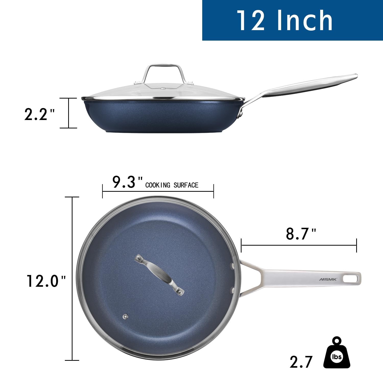 **MsMk Non-Stick Frying Pan Set with Lid - 12-Inch Blue Titanium & Diamond Coated Skillet - Durable, Even Heating, Easy Clean - Induction Compatible - Perfect for Sautéing, Frying & Cooking Healthy Meals**