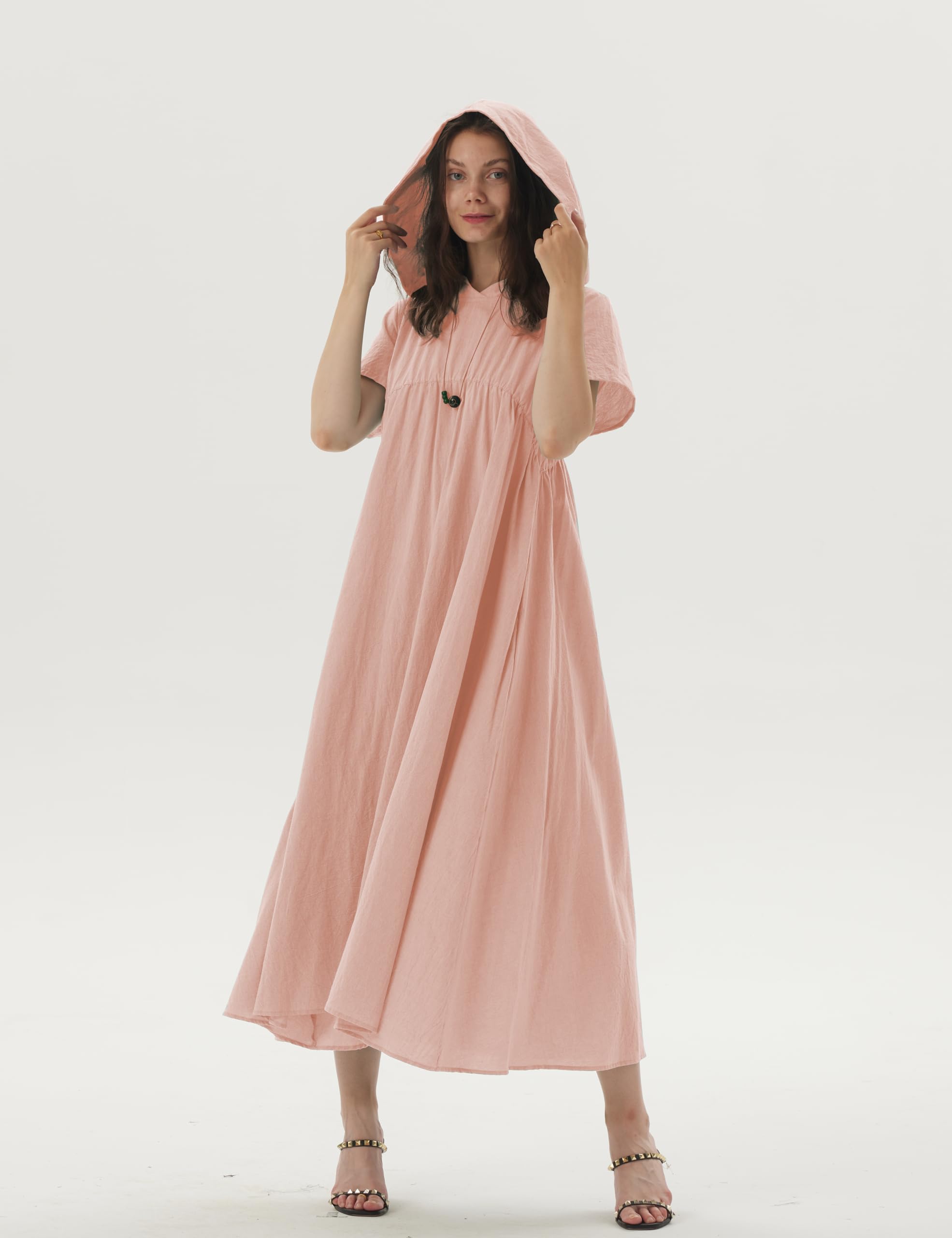 Women's Linen Hooded A-Line Maxi Dress with Pockets - Short Sleeve Casual Loose Fit Summer Dress (Size S, Peach) for Beach, Vacation & Everyday Wear