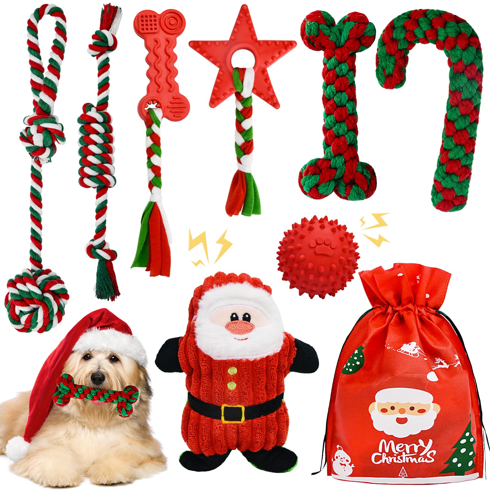 9 Pack Christmas Dog Toys - Rope, Chew, Plush & Squeaky Toys for Teething Puppies & Small Medium Dogs | Stocking Stuffers Gift Set with Bag for Holiday Playtime & Training